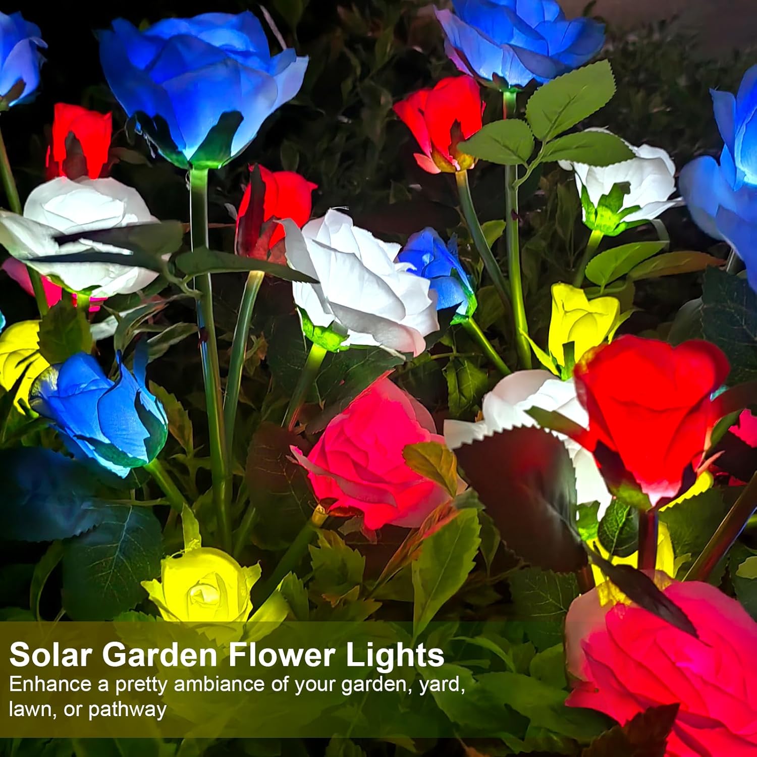 Luces solares de jardín decorativas para exteriores, paquete de 2 luces solares de jardín con 12 rosas, LED multicolor, impermeable, funciona con