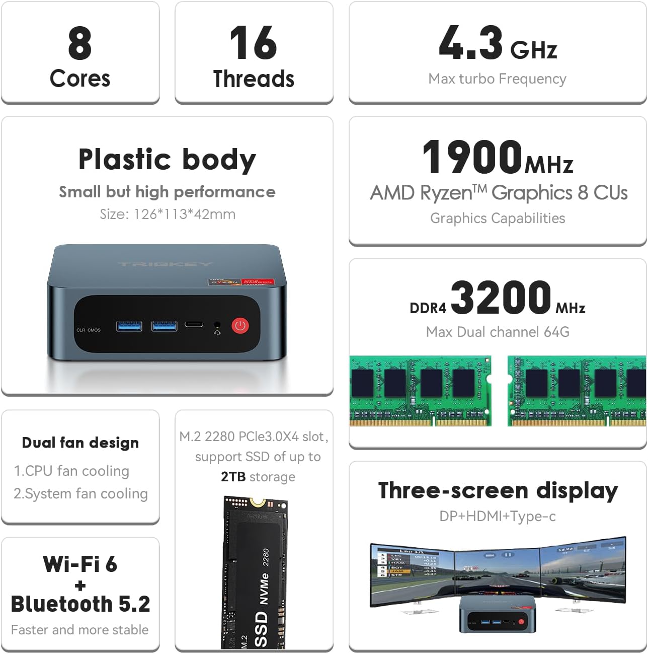 TRIGKEY Ryzen 7 Mini PC 8 Core 16 hilos Mini computadora OS PC de escritorio 5700U (hasta 4.0GHz) 32G DDR4+500G NVME SSD 15W TPD Micro PC  8Core