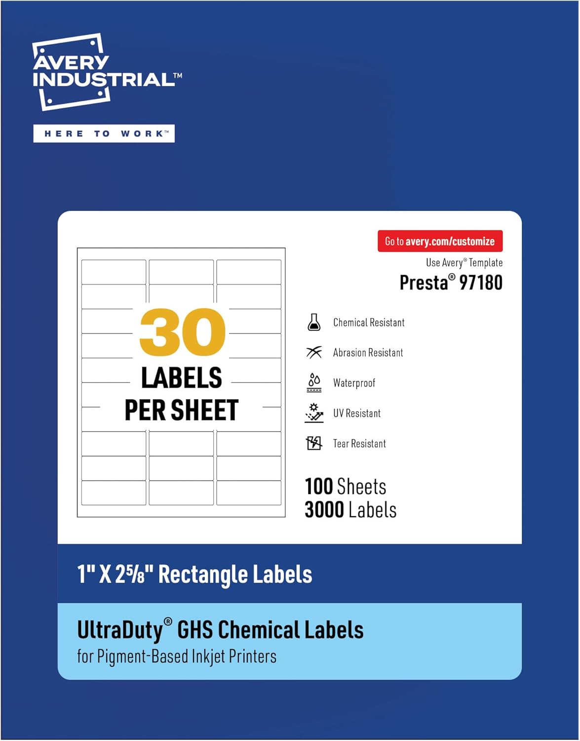 Avery UltraDuty – Etiquetas GHS impermeables, etiquetas rectangulares de 1 x 2-58 pulgadas, paquete de 3000 etiquetas blancas para uso con