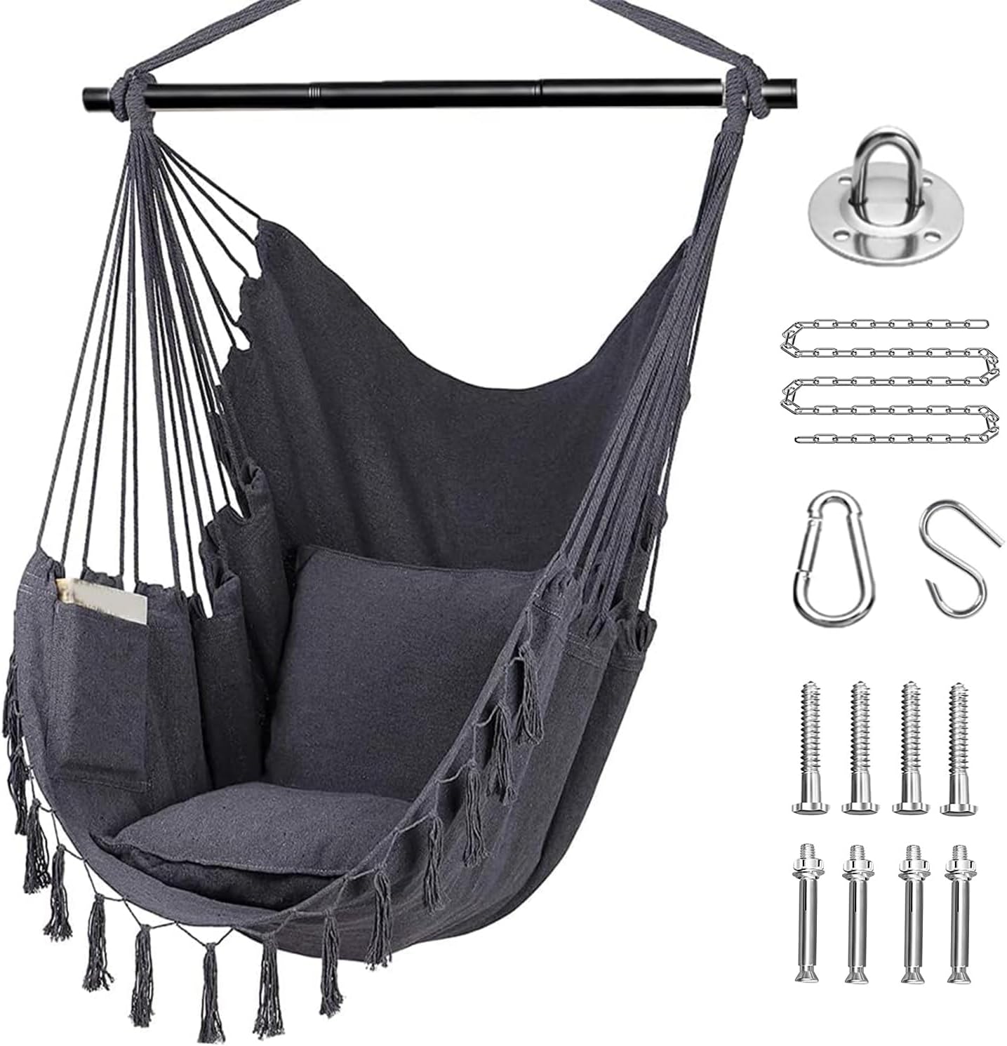 Klhamky Silla hamaca de 59 x 47 pulgadas con kit de accesorios para colgar, color beige, lona de algodón, incluye y dos cojines de asiento, para