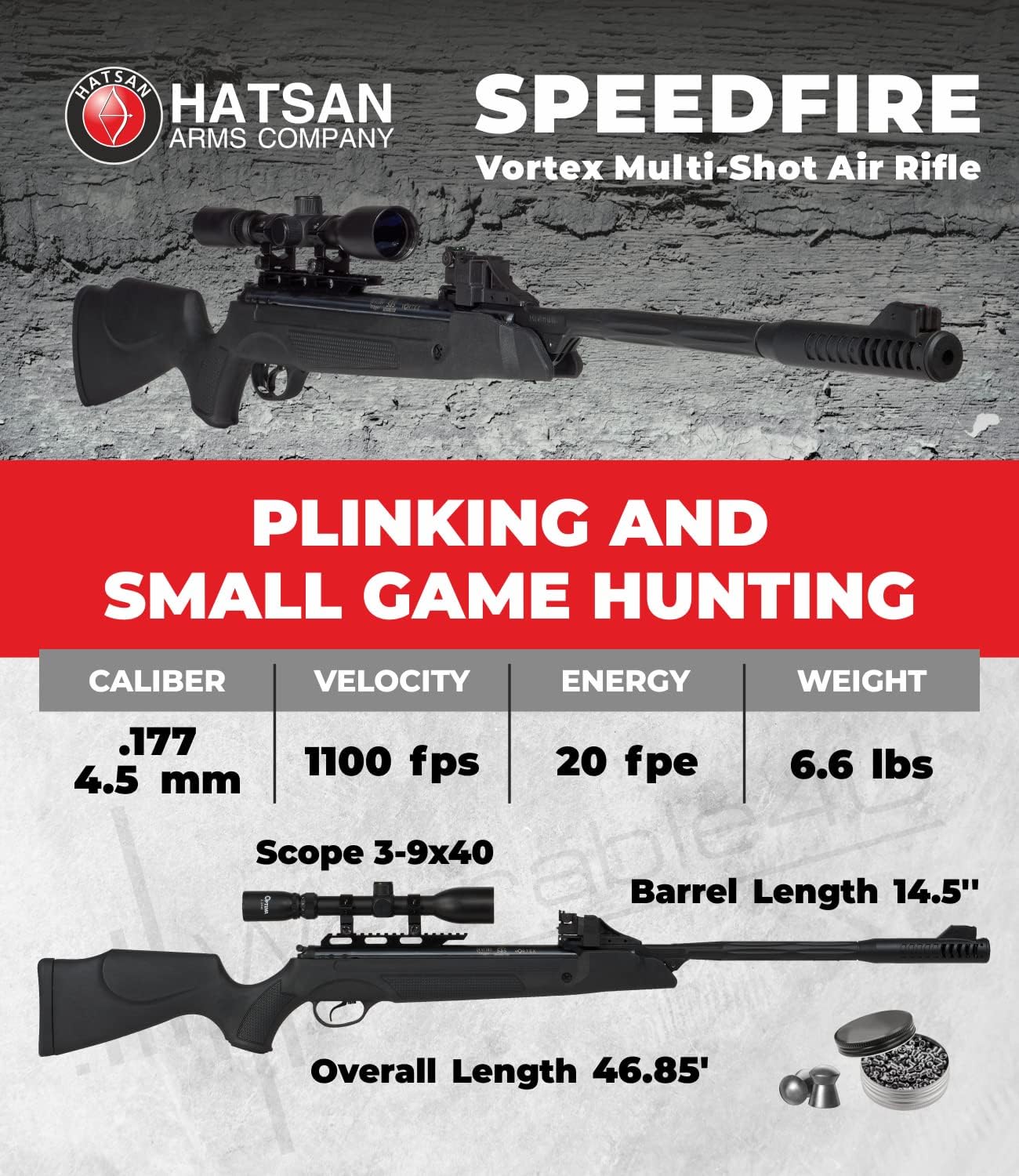 Hatsan SpeedFire (Magnum 1250) – Rifle de aire, color negro con paquete de objetivos de papel Wearable4U y pellets incluidos