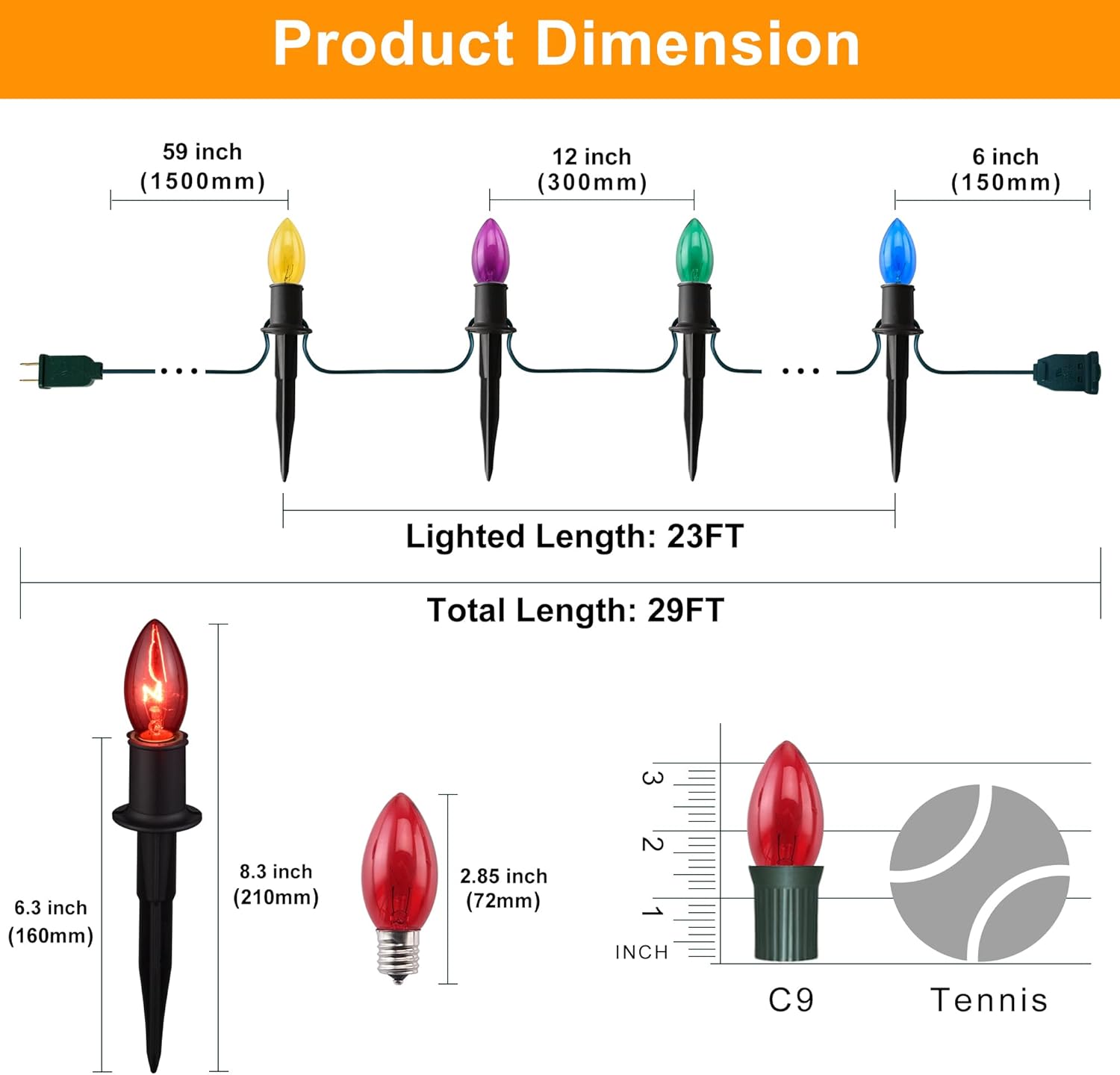 Luces de camino de Navidad para exteriores de 29 pies, 25 paquetes de luces de Navidad C9 con estacas para exteriores, luces de camino de Navidad