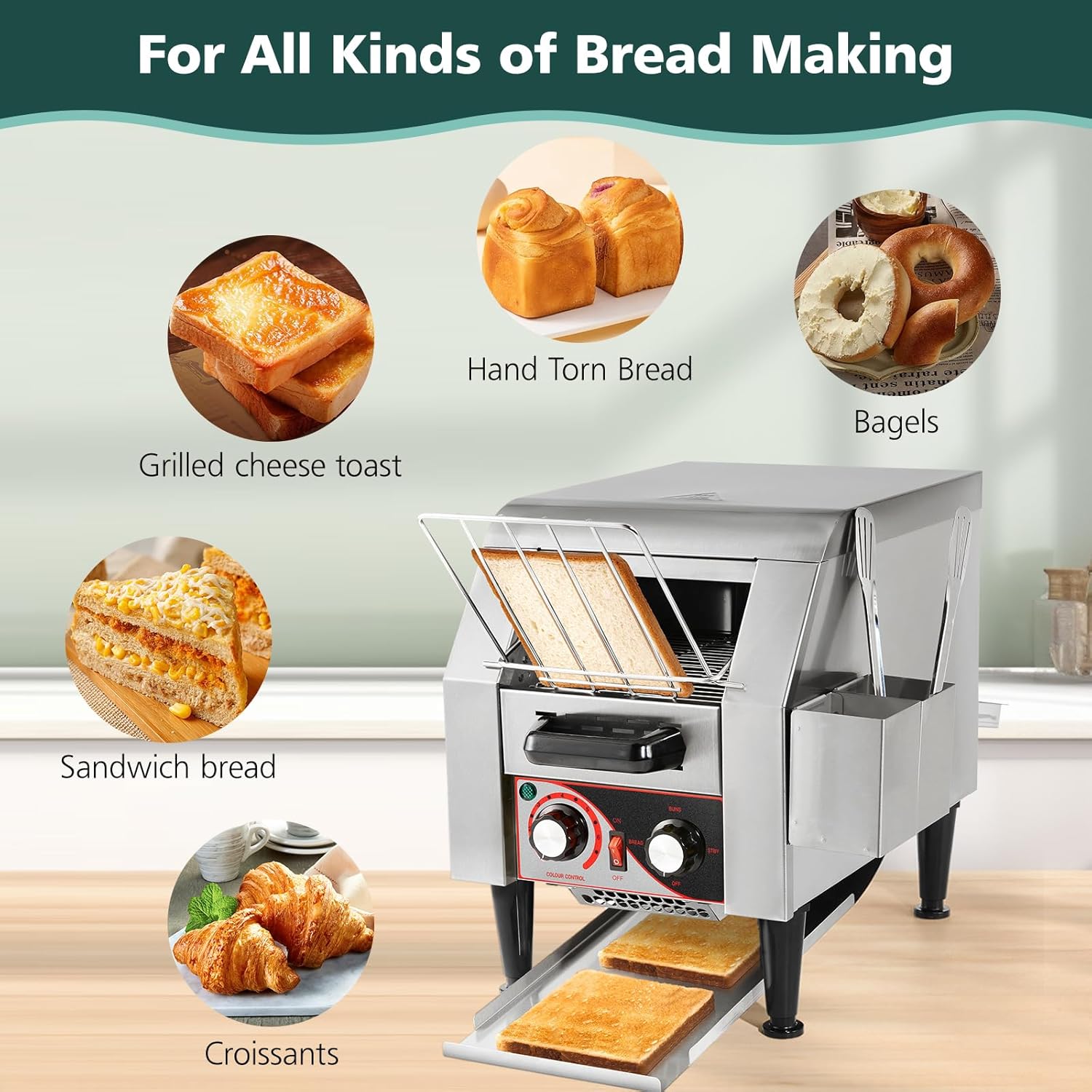 Hiteemer Tostadora comercial 150 rebanadashora, horno tostador para restaurante resistente 1300 W tostadora eléctrica de acero inoxidable con mango