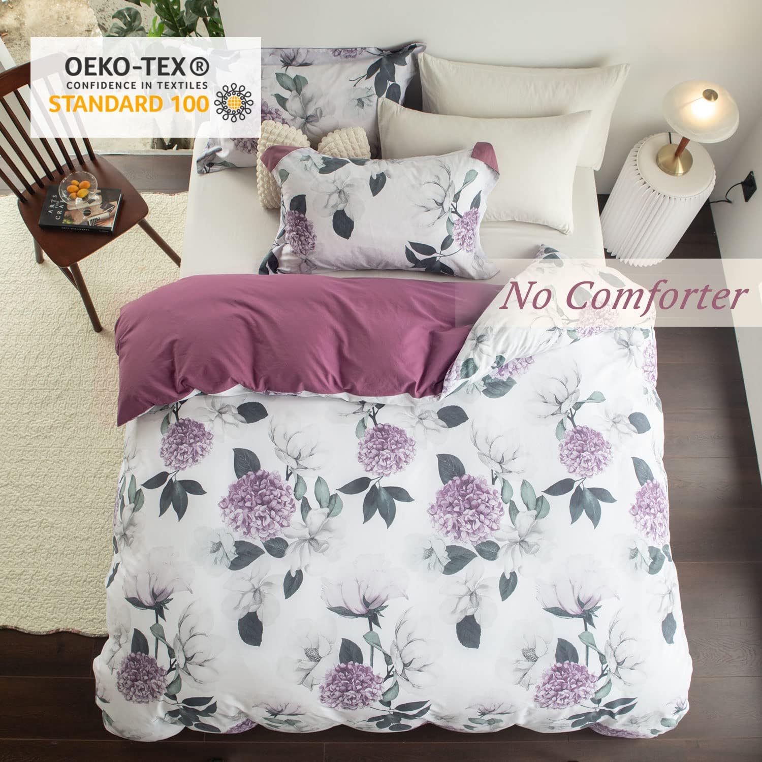 MILDLY Juego de funda de edredón 100% algodón lavado, juego de funda de edredón floral de hortensias moradas, juego de ropa de cama con cierre de