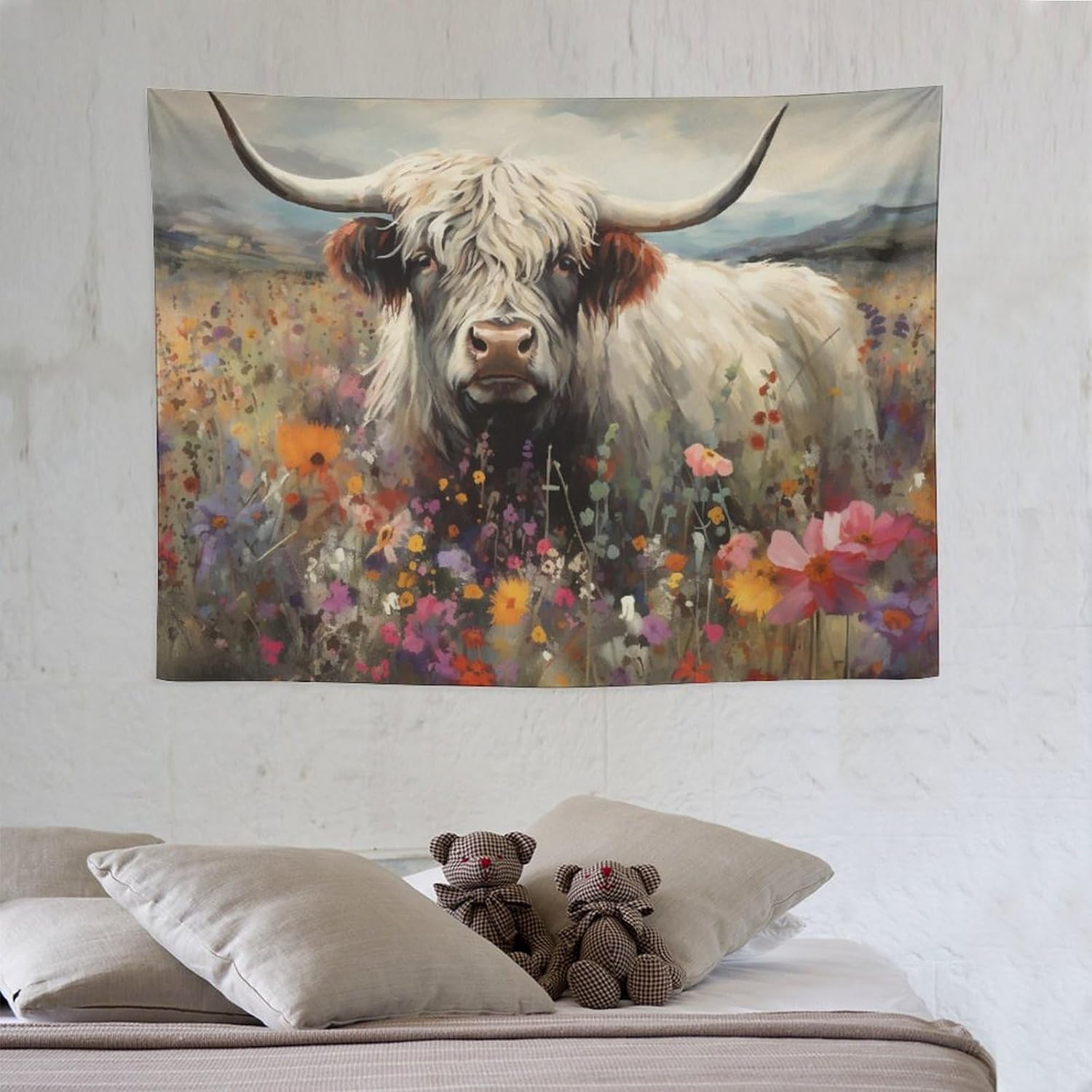 Tapiz para colgar en la pared, decoración de dormitorio, hogar, sala de estar, tapices de arte de pared, animales de las tierras altas, vaca, flor,