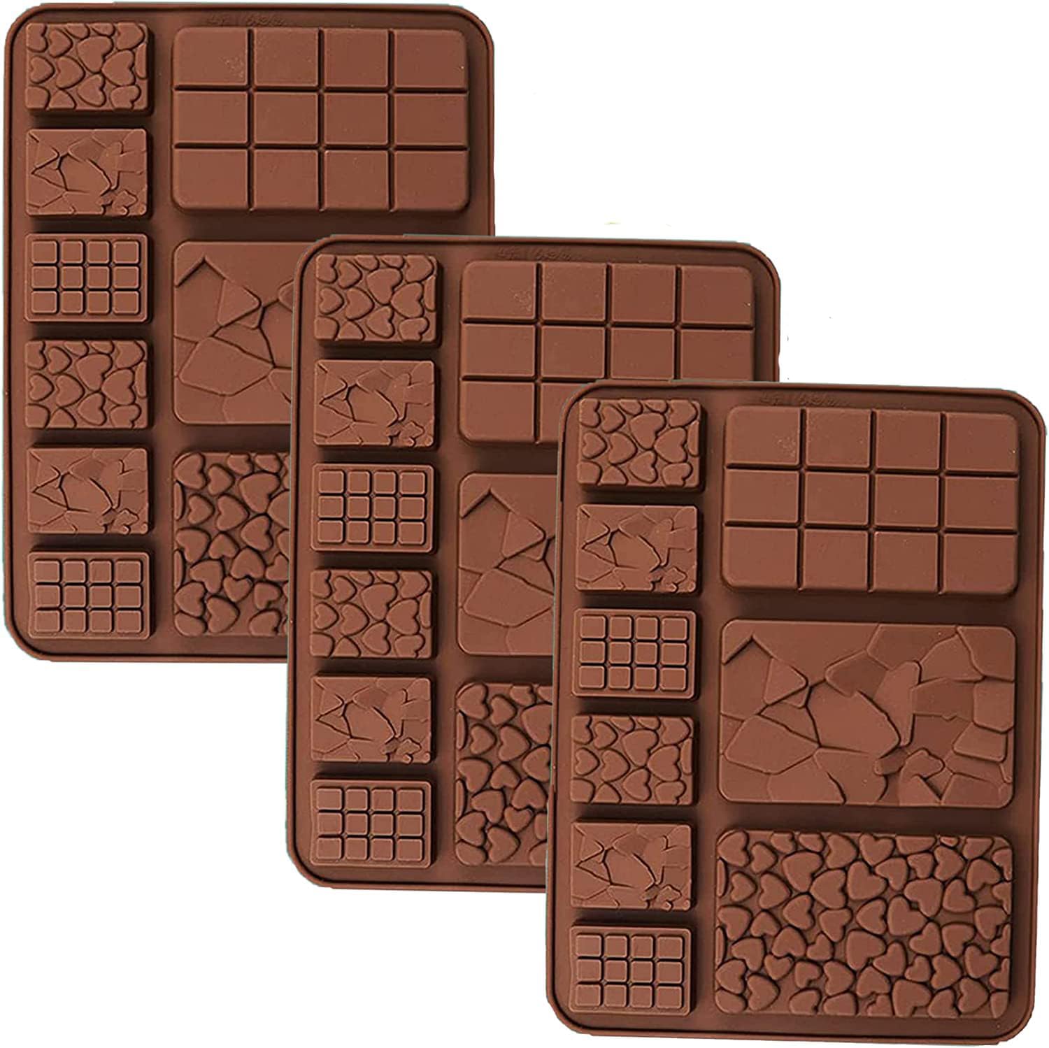 Molde de silicona para chocolate, forma de mezcla, barra de chocolate con forma de gofre, fragmentos en forma de corazón, molde de forma cuadrada, 3