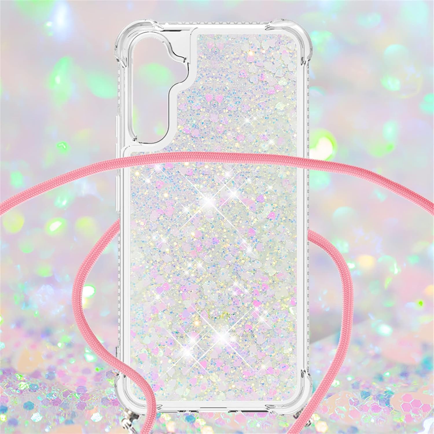 Funda para teléfono compatible con Samsung Galaxy A34 5G, silicona TPU suave transparente con purpurina de arena movediza líquida con cordón