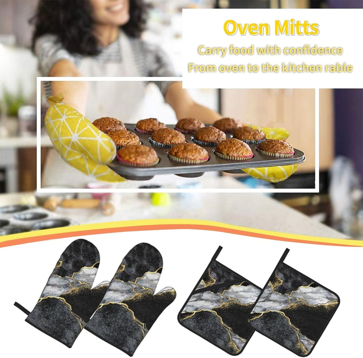 Juego de 4 manoplas de horno y soportes para ollas, guantes de cocina de mármol negro y dorado, resistentes al calor, antideslizantes, para chef,