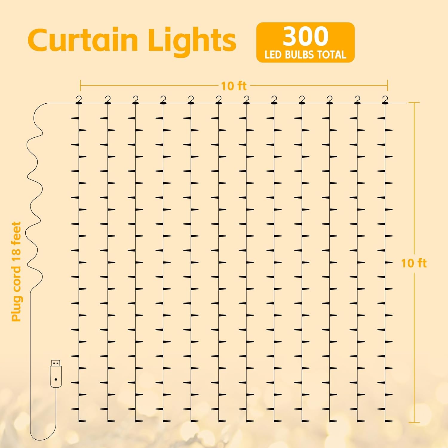 Guirnalda de 300 luces LED, 10 x 10 pies, cortina de ventana colgante con ganchos, 8 modos y luces de enchufe USB para dormitorio, interiores,
