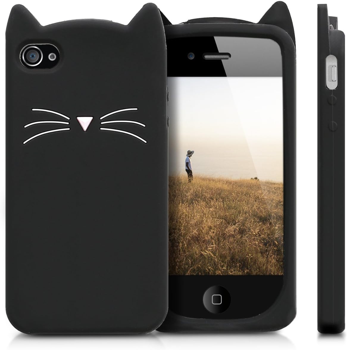 kwmobile Funda compatible con Apple iPhone 4 y 4S – Cat Case Soft Cute Funda protectora de silicona – NegroBlanco