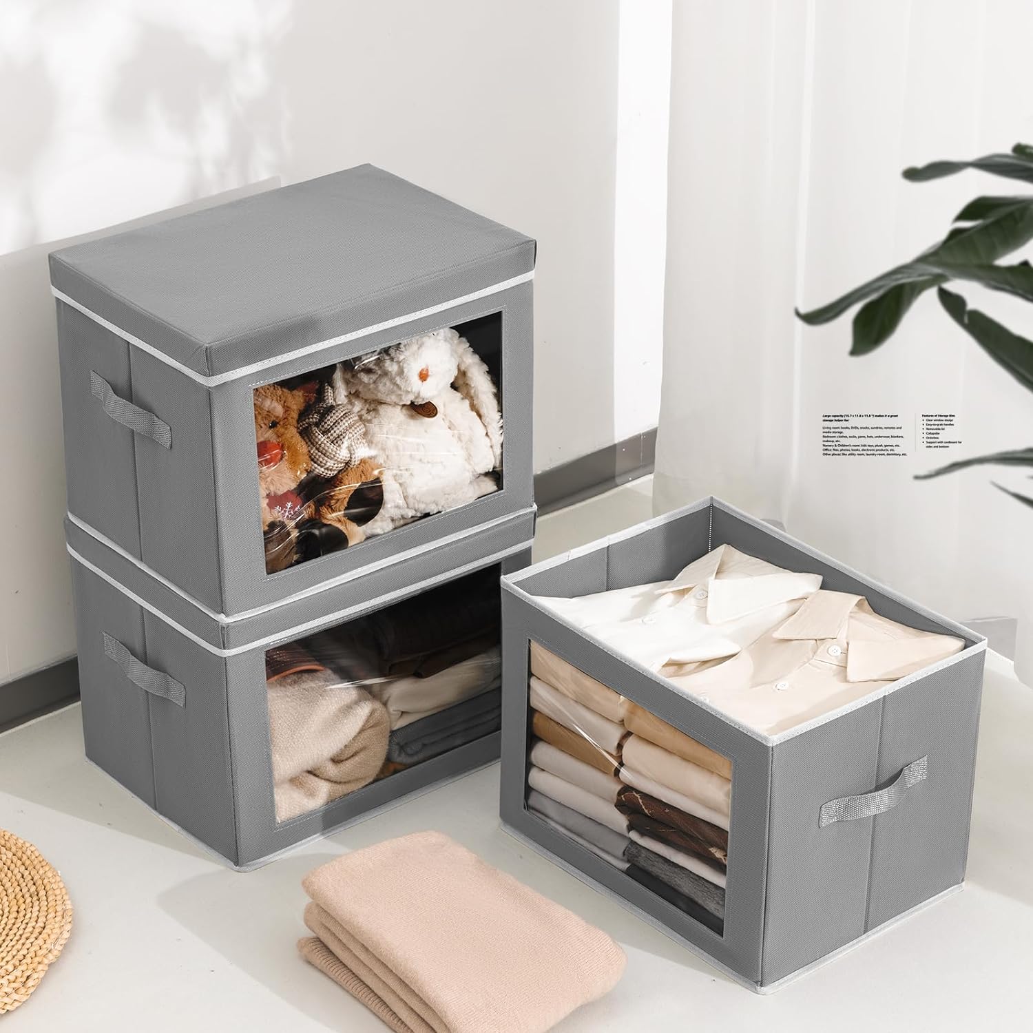 Contenedores de almacenamiento grandes con tapas, cubos de almacenamiento de tela con ventana, cajas de almacenamiento plegables para ropa,