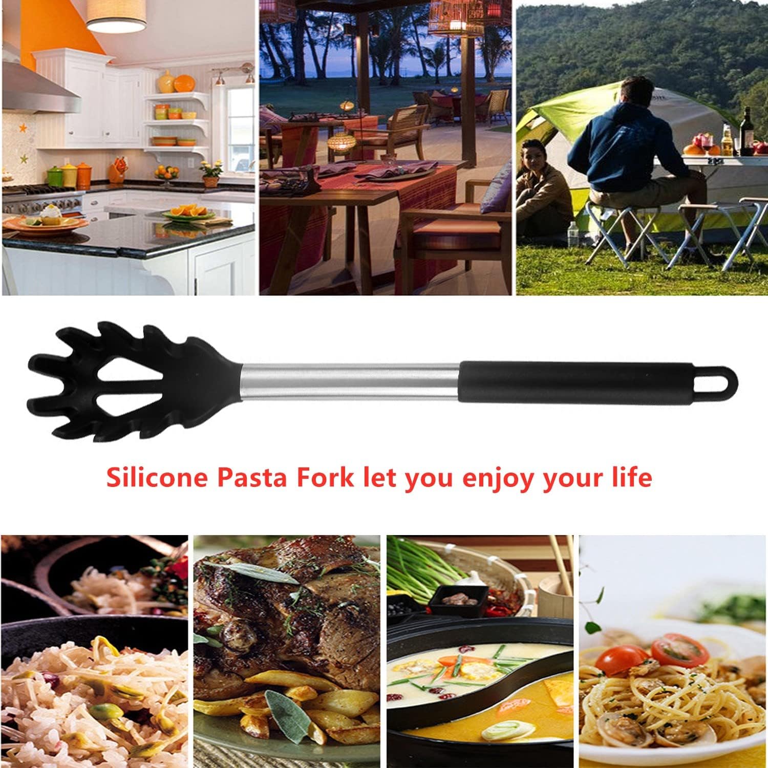 Tenedor de silicona para pasta, cuchara de espagueti, para cocina, resistente al calor, cuchara de pasta de grado alimenticio con mango de acero