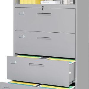 Archivador lateral de 4 cajones con armario con cerradura, gabinetes de llenado de acero de metal gris para oficina en casa, gabinete de Archivador lateral de 4 cajones con armario con cerradura, gabinetes de llenado de acero de metal gris para oficina en casa, gabinete de