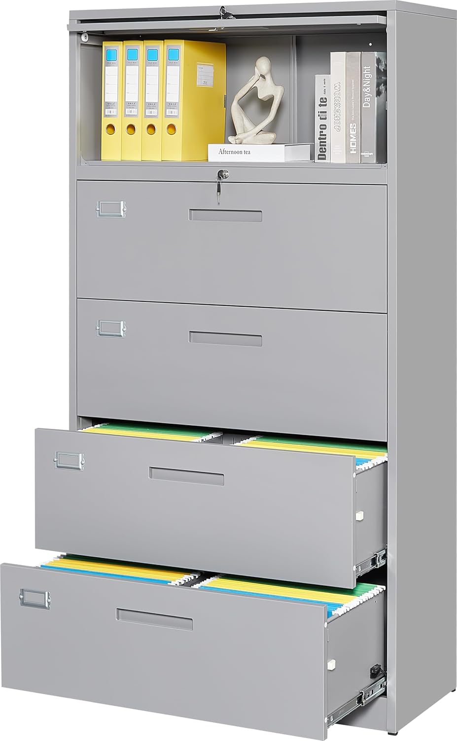 Archivador lateral de 4 cajones con armario con cerradura, gabinetes de llenado de acero de metal gris para oficina en casa, gabinete de