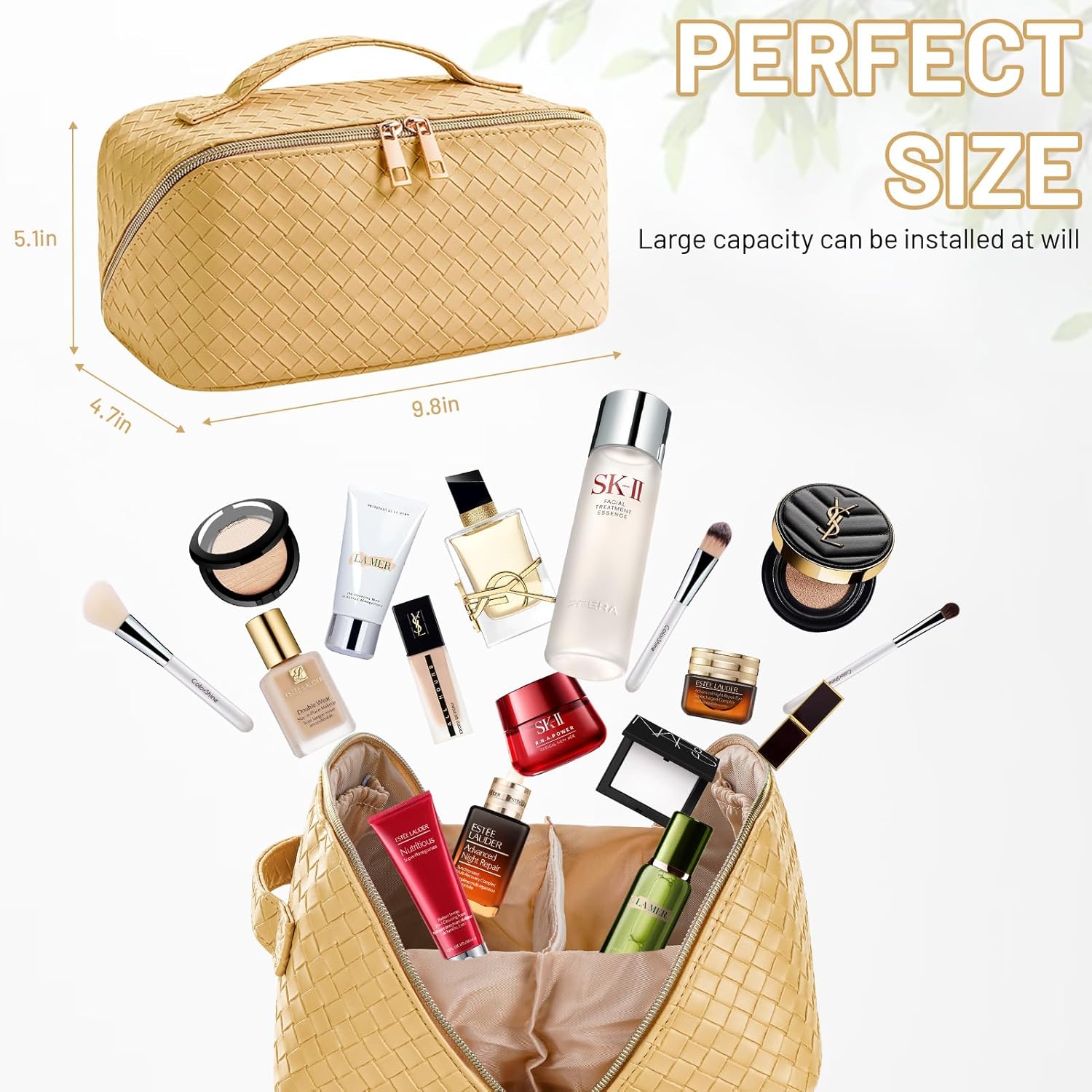 VVABELLI Bolsa de maquillaje  Bolsa de cosméticos de viaje de gran capacidad, portátil de cuero impermeable, bolsa de maquillaje de viaje para