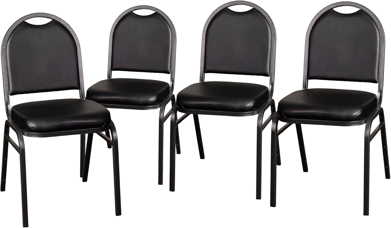 BizChair Hercules – Juego de 4 sillas apilables de grado comercial de 500 libras de capacidad, tapicería de vinilo negro, marcos de metal de vena