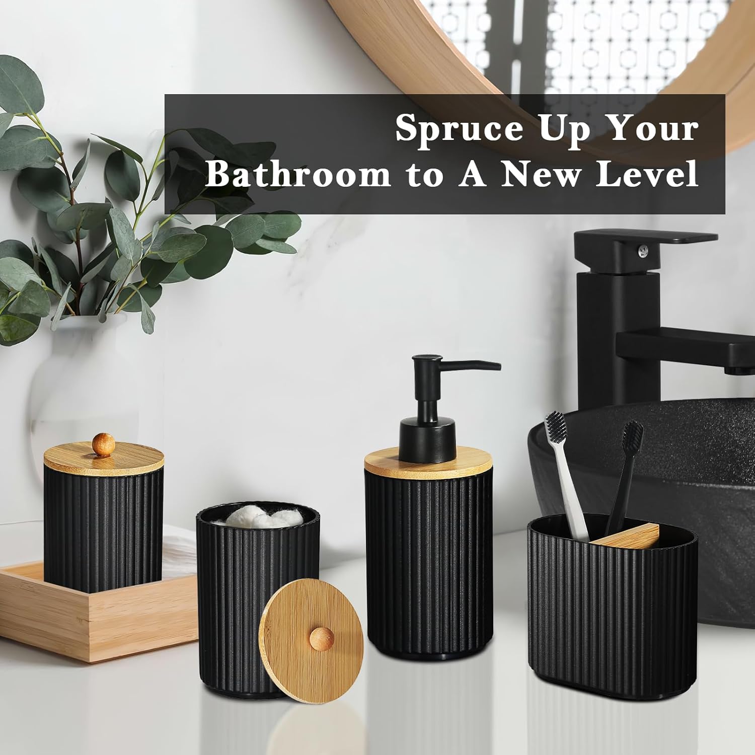 ALPIRIRAL Juego de accesorios de baño negro, juego de 8 piezas de accesorios de baño con basura, dispensador de jabón y soporte para cepillo de