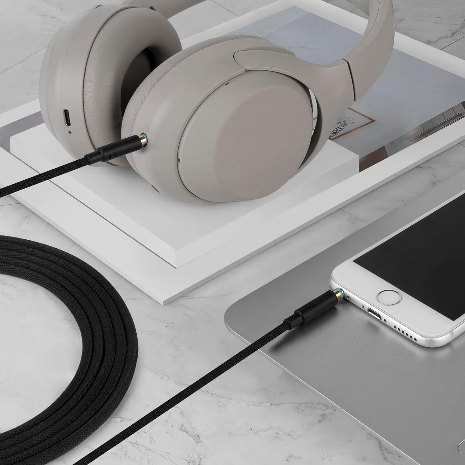 Geekria Cable trenzado de tela de audio compatible con Sony WH-1000XM5 WH-1000XM4 WH-XB920N WH-XB900N WH-CH720N INZONE H5 cable de auriculares,