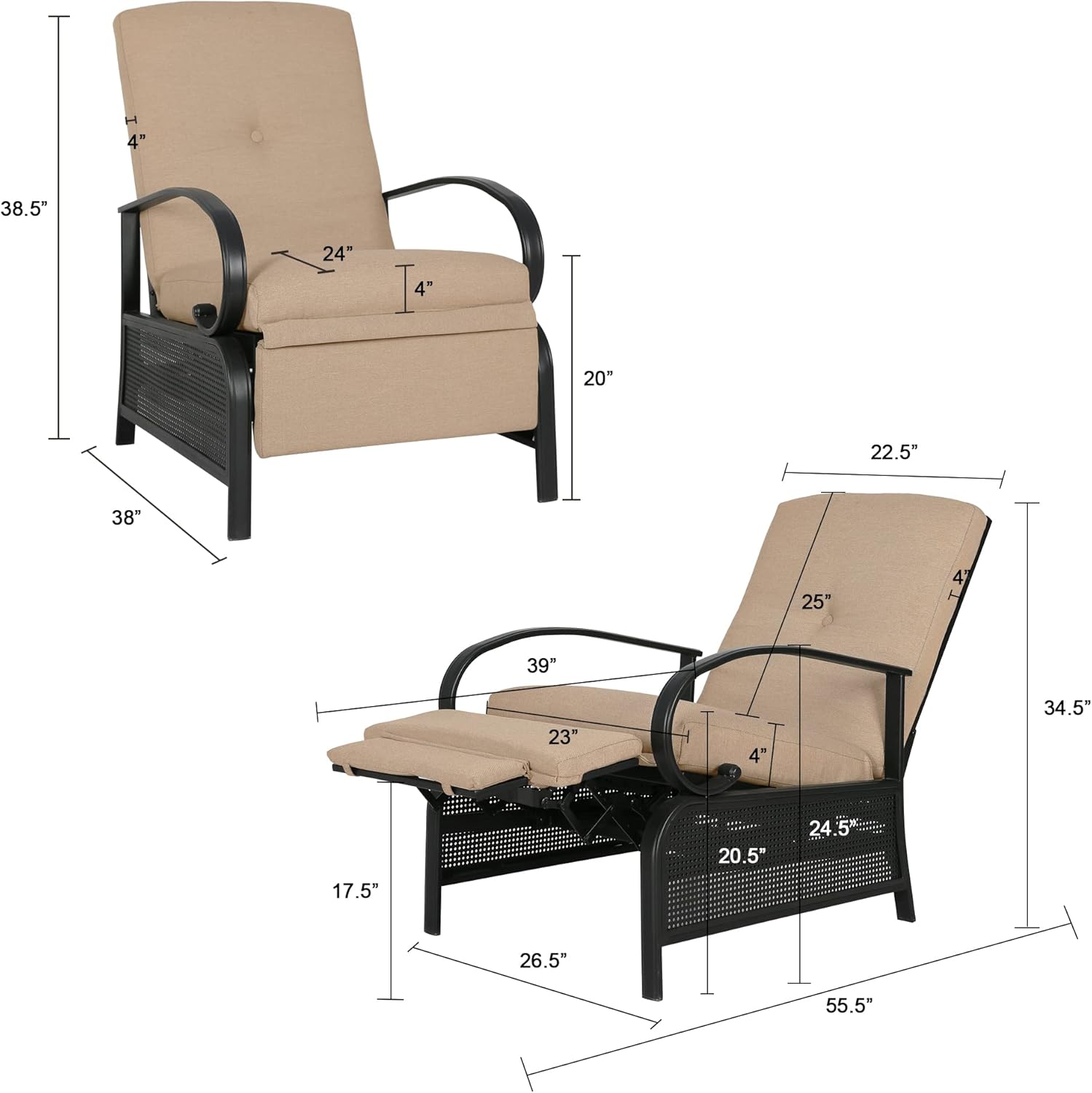 Sillón reclinable ajustable para exteriores, silla reclinable para patio con fuerte marco de metal extensible y cojines extraíbles para lectura o