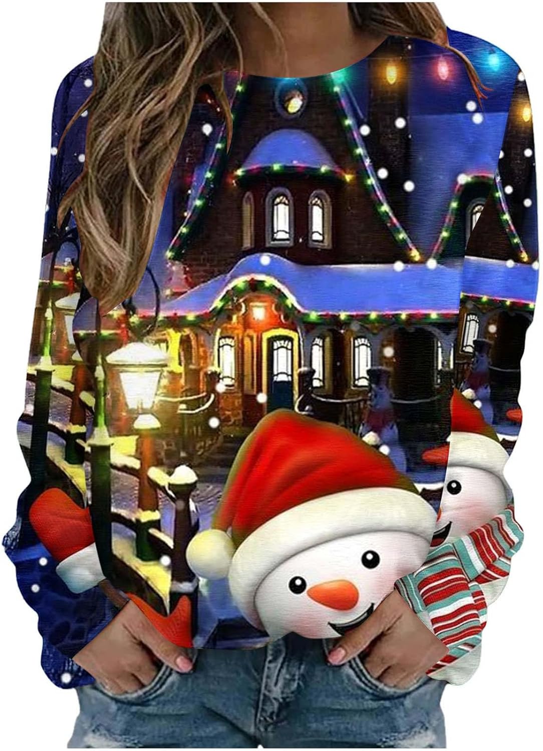 asjyhkr Camisa de Navidad para mujer, sudadera con estampado de patrón navideño, vintage, manga larga, para adolescentes, niñas, suave, cuello
