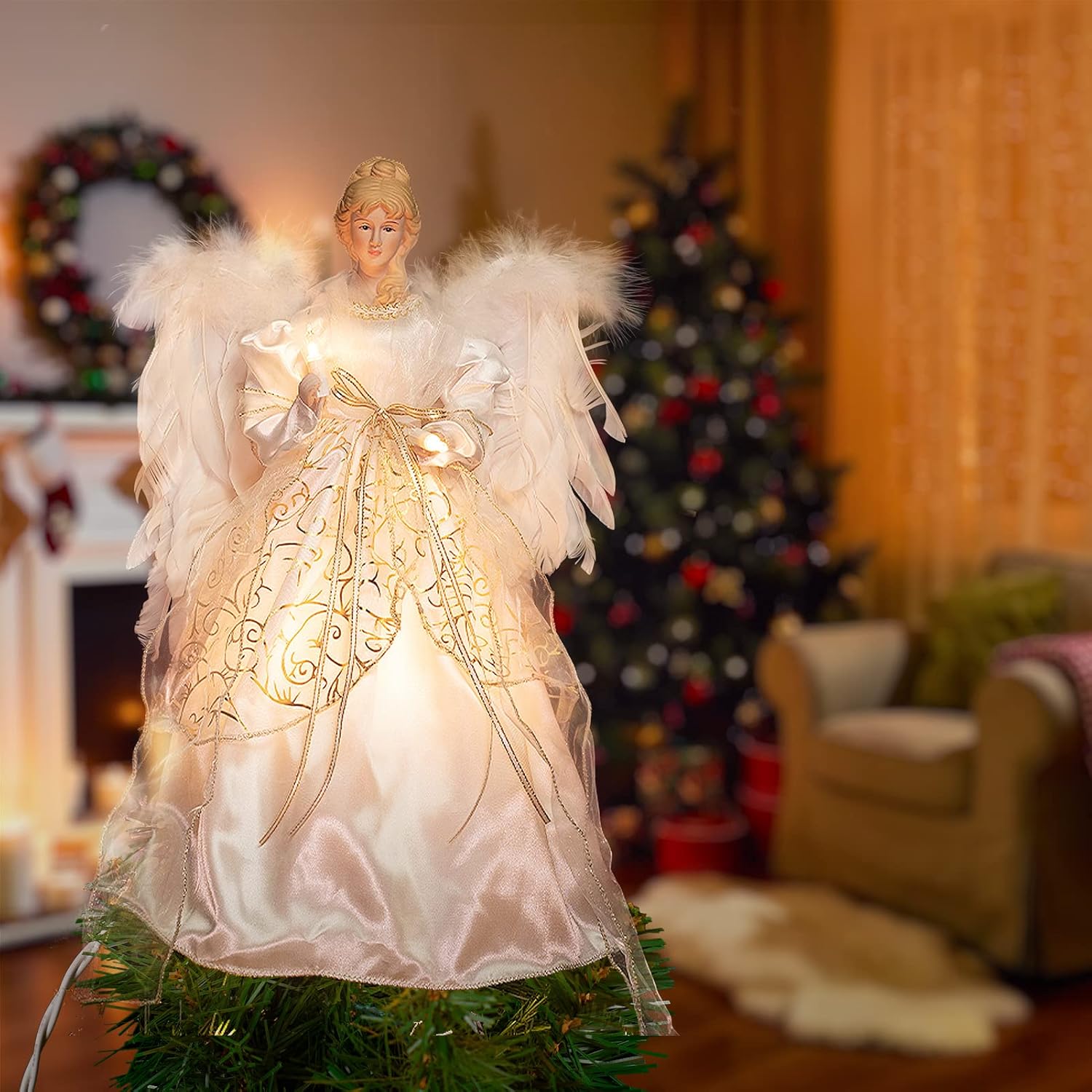 Decoración de árbol de ángel de Navidad con alas de plumas, adorno de árbol de Navidad para interiores, oficina, Navidad, Año Nuevo, decoración de