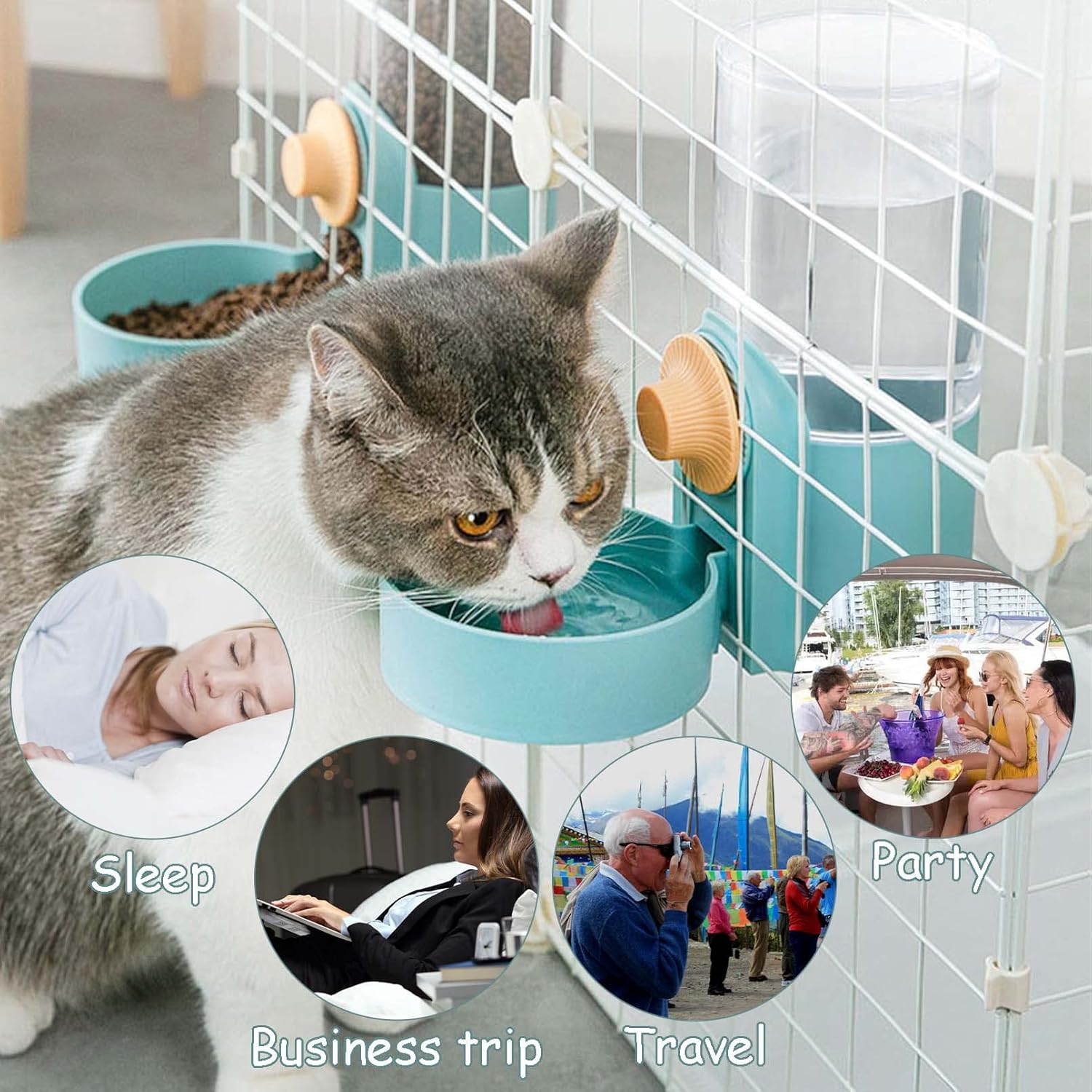 kathson Dispensador automático de agua para colgar con conejo, 35 onzas, alimentador automático por gravedad para gatos, juego de bebederos de agua