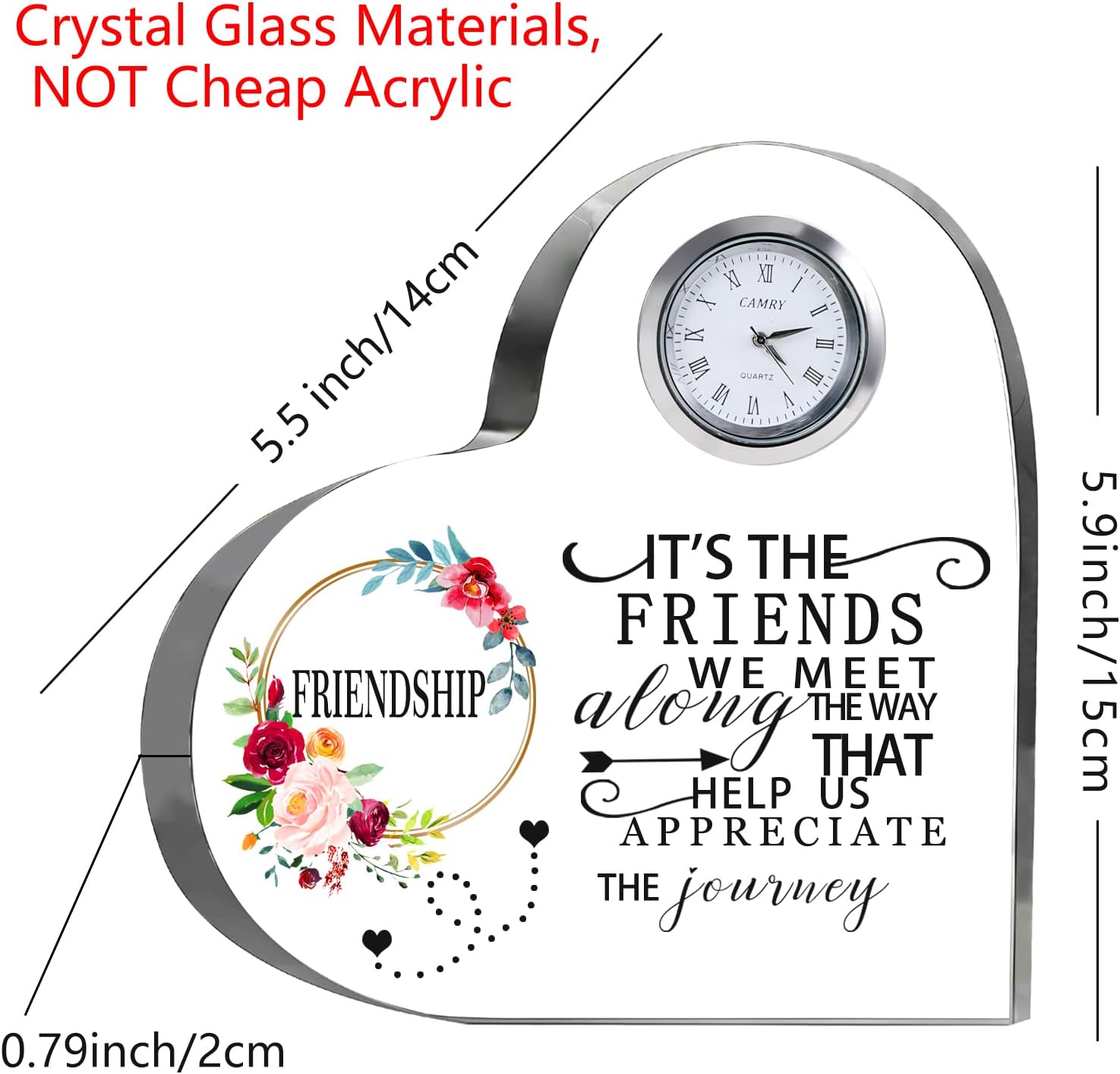 Movdyka Regalos de amistad para mujeres, amigos, corazón de cristal de 5.9 pulgadas, cristal grande de flores con reloj, el mejor regalo único para