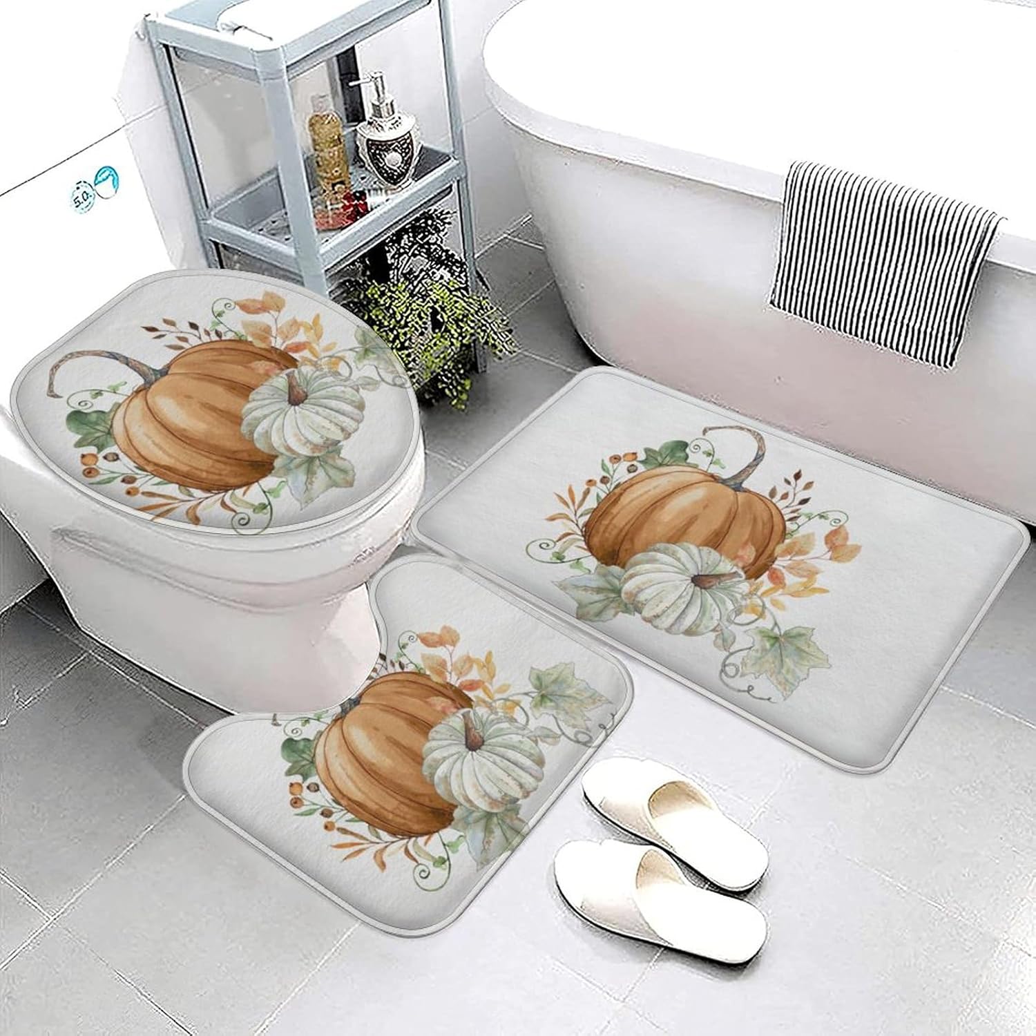Easternproject Juego de 3 alfombras de baño de calabaza naranja otoñal, hojas de arce verde, cosecha de otoño, decoración de Acción de Gracias,