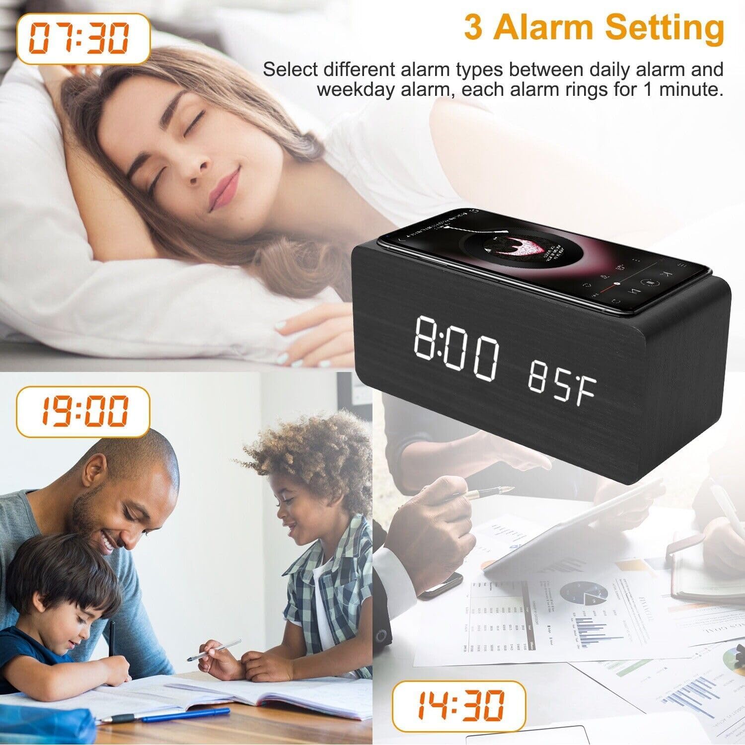 Reloj despertador digital, pantalla LED electrónica de madera, 3 ajustes de alarma, carga inalámbrica de 18 W, día de la semana, detección de