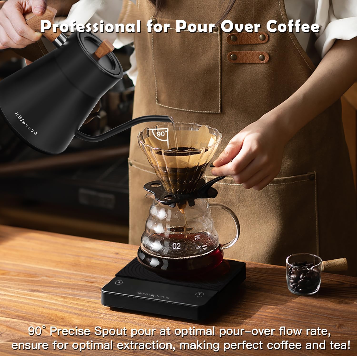 Ecorelax Hervidor eléctrico de cuello de cisne con control de temperatura preciso de  1 , 1200 W para café y té, 100% acero inoxidable, hervidor de