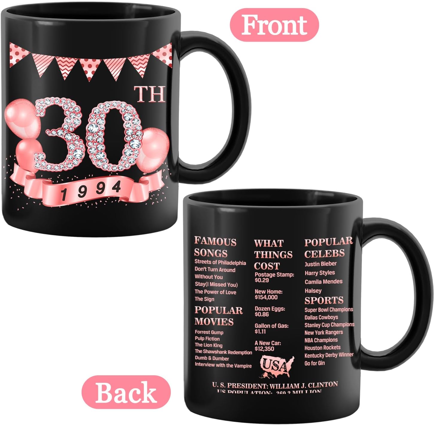 MiCa – Regalos de cumpleaños para mujeres, taza de 30 cumpleaños con información de la antigüedad de 1994, regalos de 30 cumpleaños, decoraciones de