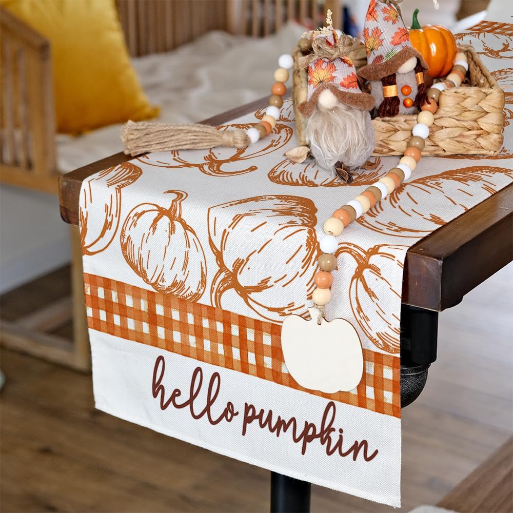 ARKENY Camino de mesa de Acción de Gracias de 13 x 60 pulgadas, naranja Hello Pumpkin, arpillera de temporada para interiores y otoño, camino de