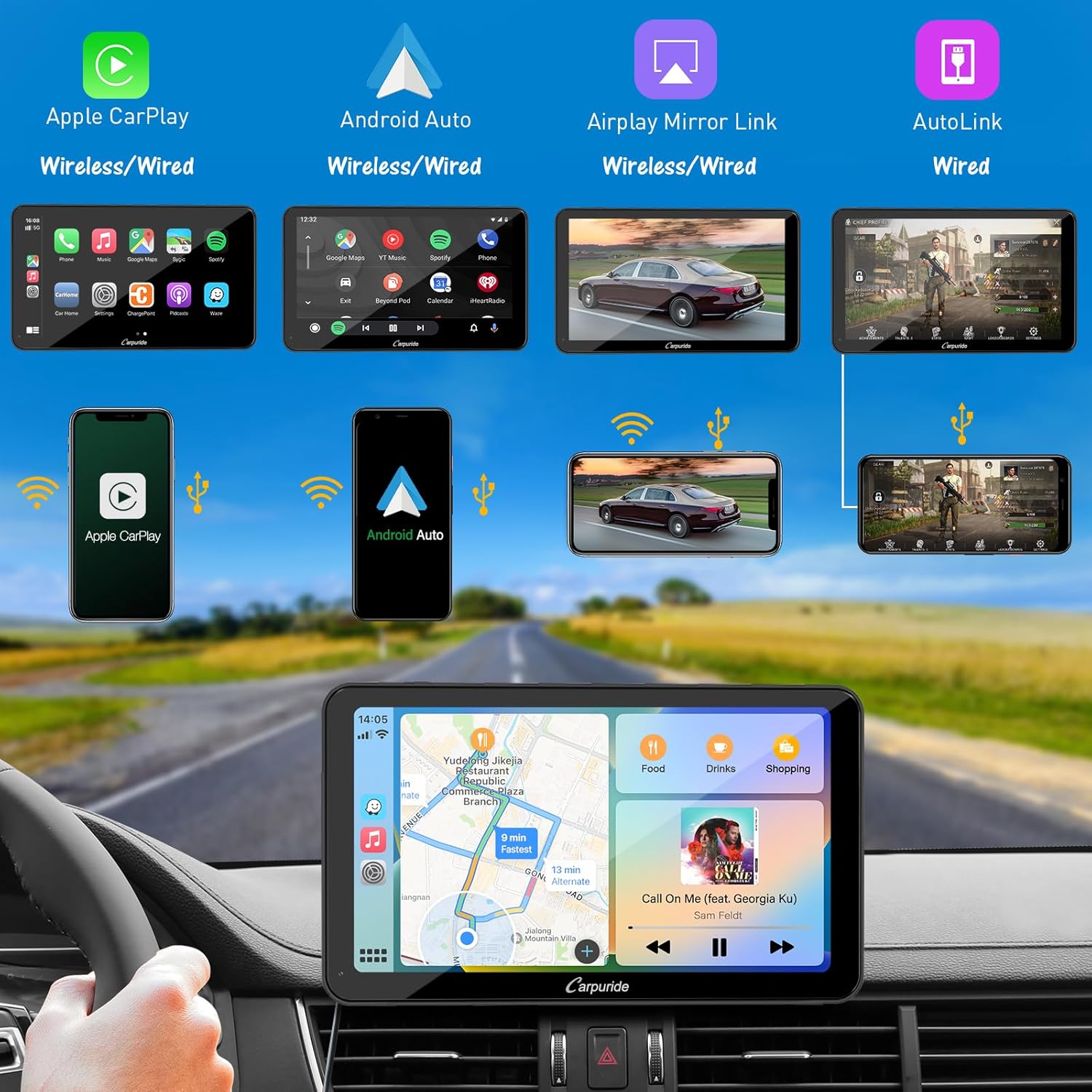 Carpuride w701 Pro portátil BT Stereo, Carplay inalámbrico y Android Auto con cámara de respaldo, Bluetooth dual, enlace espejoGPSSiriFM, soporte