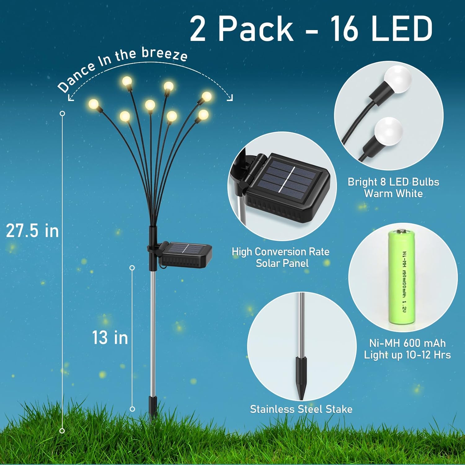 Paquete de 2 luces solares de jardín, 16 luces LED mejoradas para jardín, luces solares para exteriores, brillantes, de alta flexibilidad, para