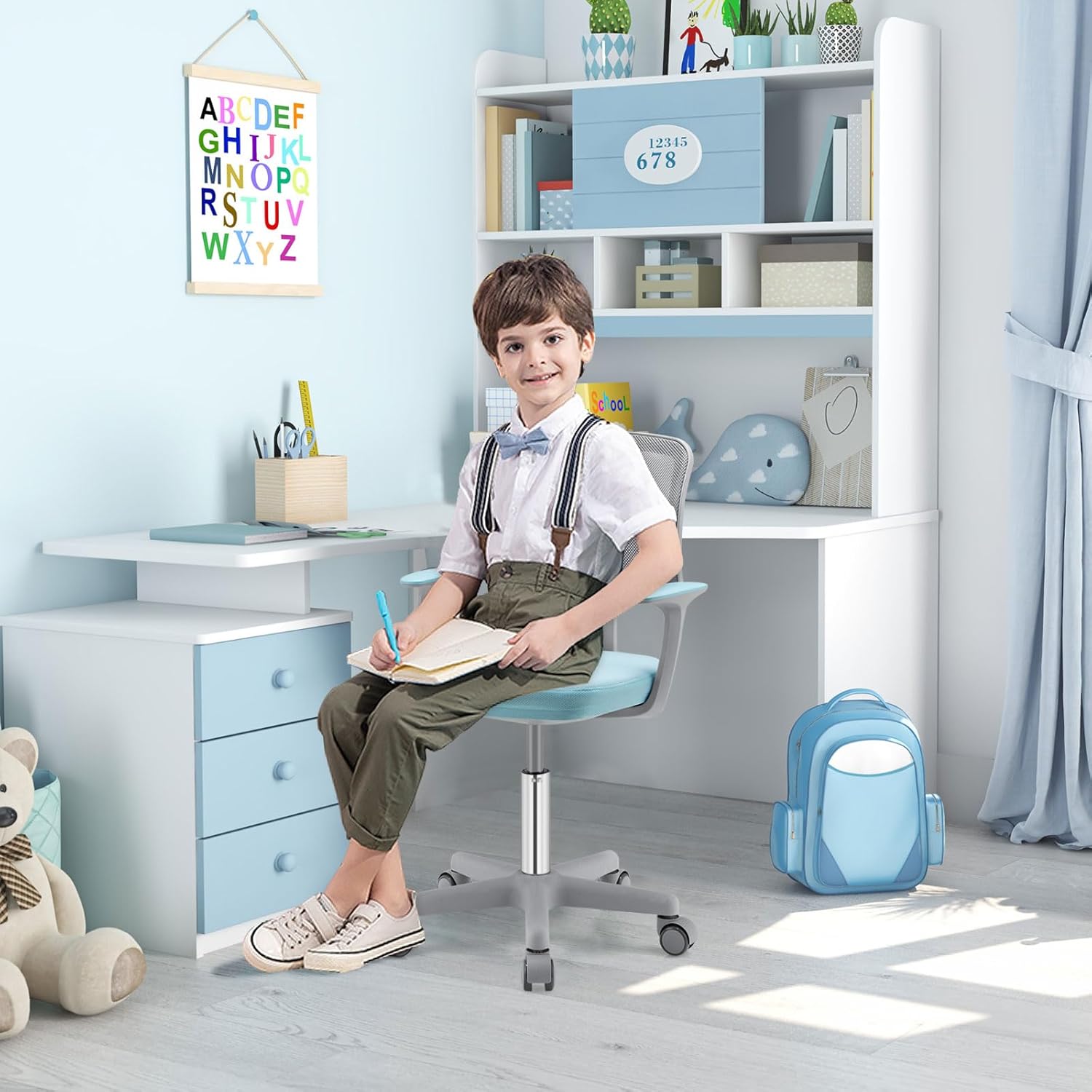 POWERSTONE Silla de escritorio para niños, silla de computadora de malla ajustable con reposabrazos, cojín suave y silla de oficina giratoria de