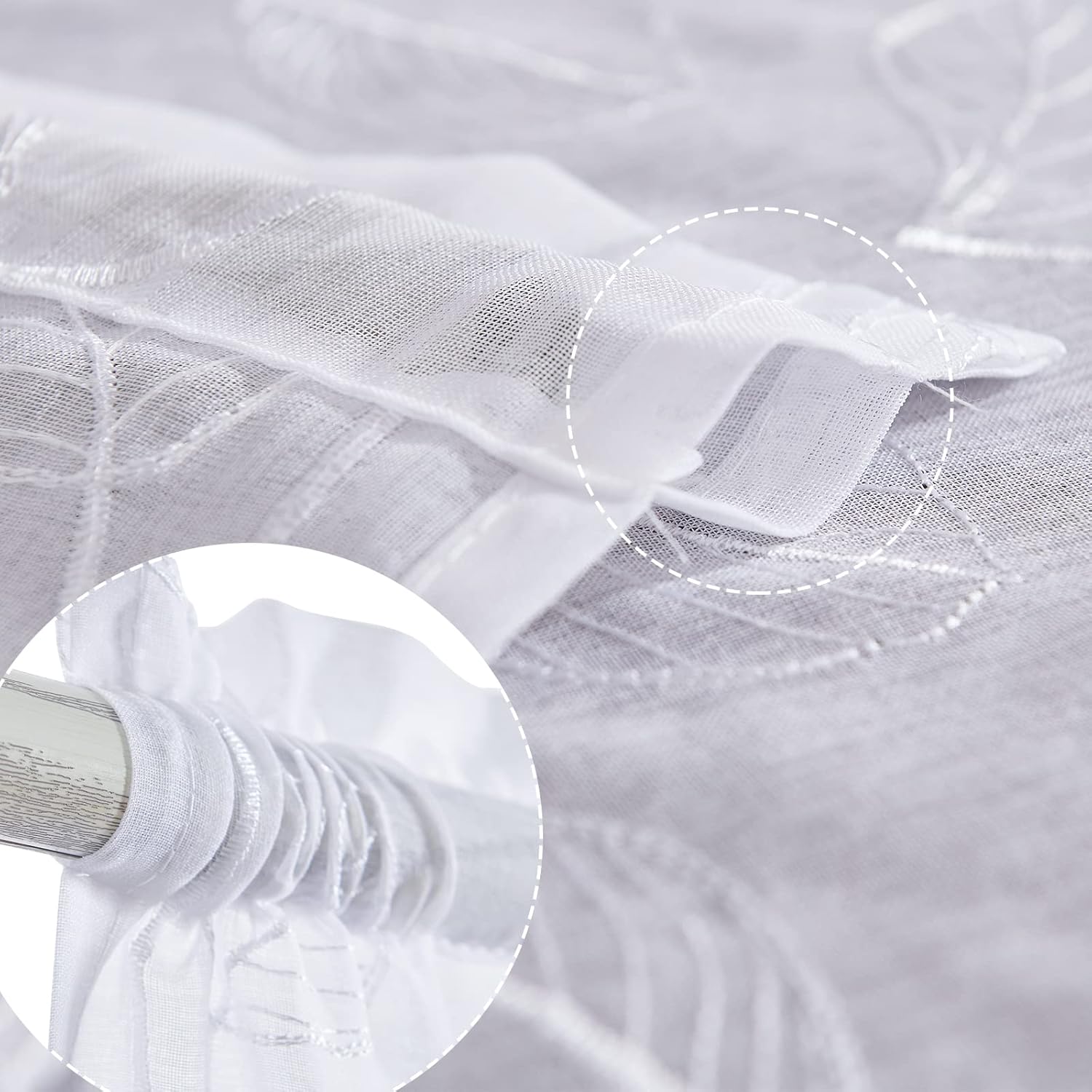 Topick Cenefa transparente blanca con diseño bordado de hojas, bolsillo para barra, dormitorio, sala de estar, cenefas de ventana, 1 panel de 18