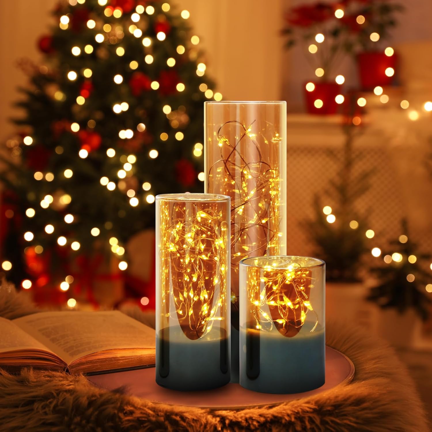 Velas sin llama de cristal dorado con tira de luces remotas, juego de velas LED delgadas parpadeantes con batería de 2 pulgadas de alto, 3 pulgadas,