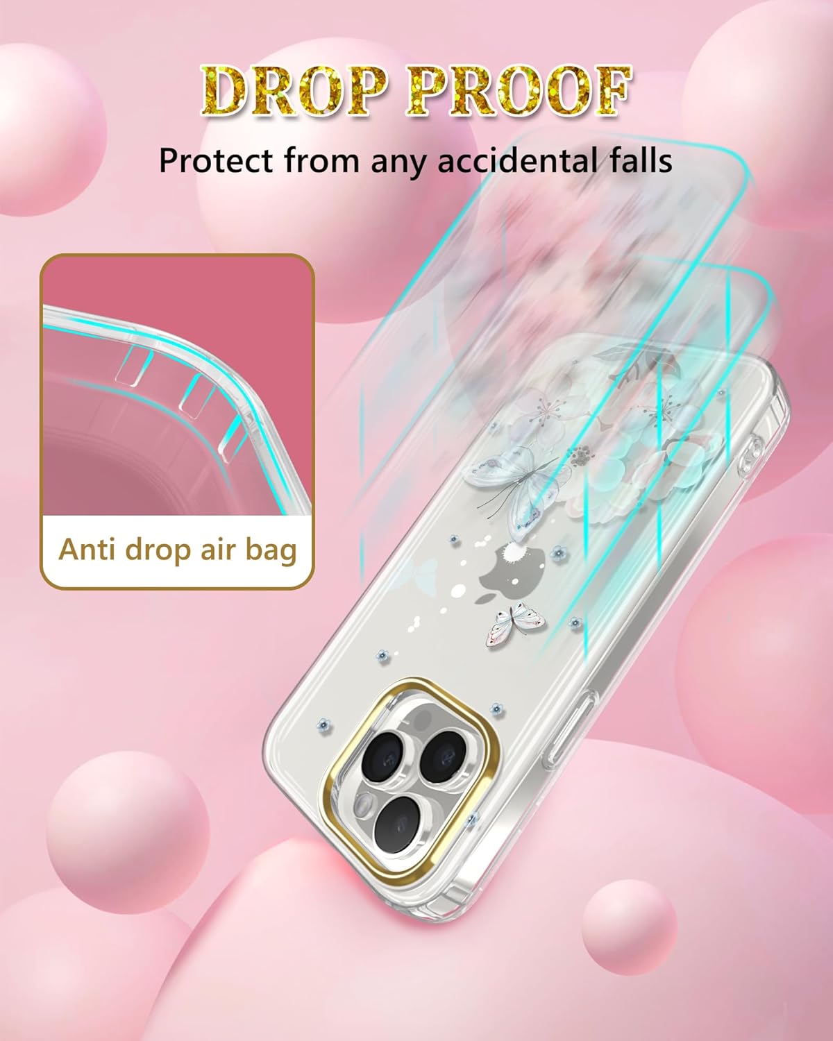JAHOLAN Funda transparente para iPhone 15 Pro Max, diseño de flores de mariposa, protección a prueba de golpes, delgada, de poliuretano