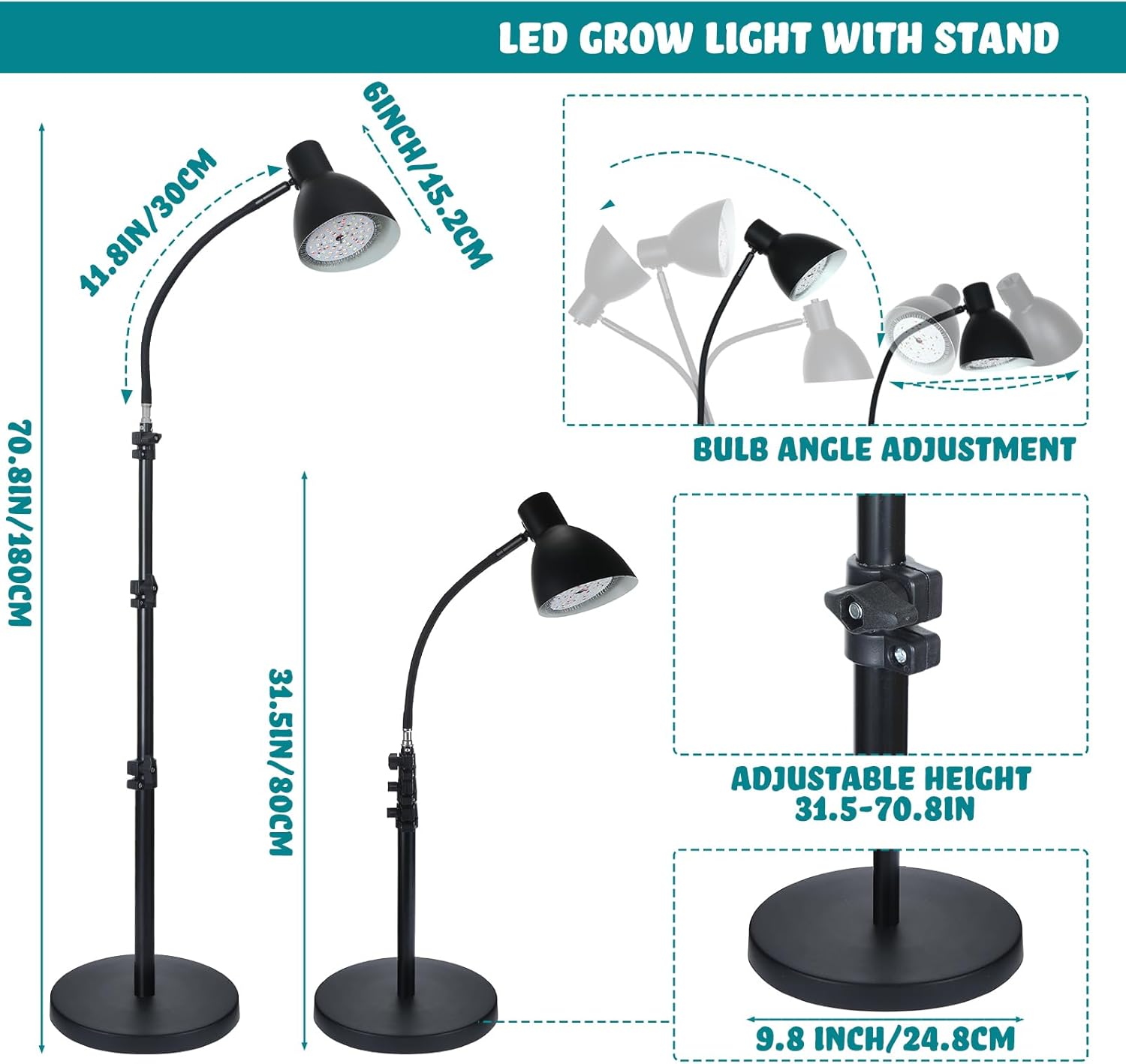 Baquler Luz de crecimiento 54 LED de espectro completo para plantas de interior, altura ajustable, 3 espectros opcionales, temporizador de 3, 9, 12