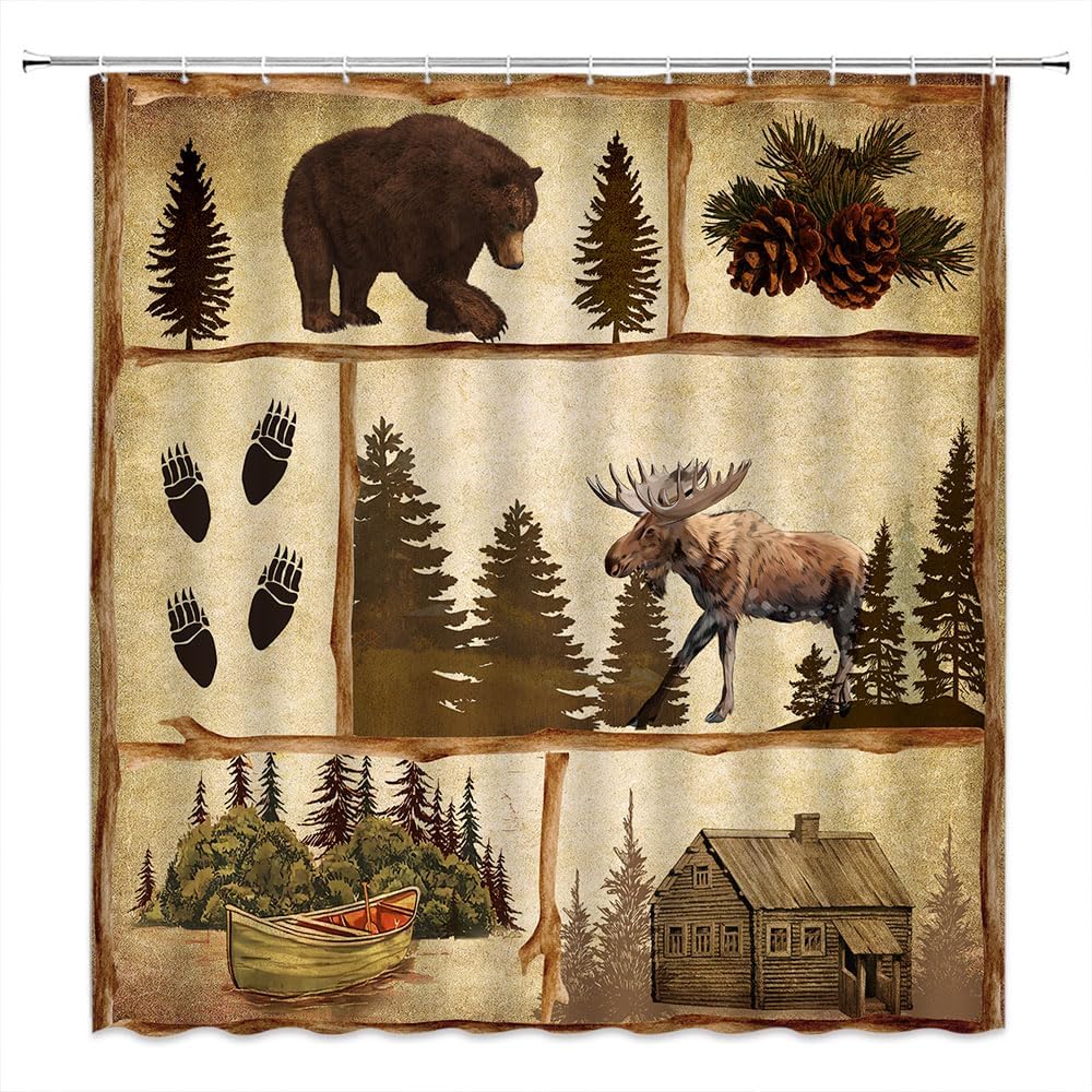 PZMPZM Cortina de ducha de cabaña rústica, retro, para cabaña, oso, alce, ciervo, alce, bosque, granja, caza, campamento, estilo hogar, baño,