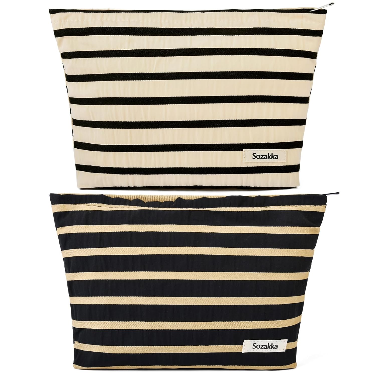 Bolsa de maquillaje de 2 piezas, bolsa grande de cosméticos a rayas, color negro y blanco, bolsa de aseo de viaje, organizador de brochas de