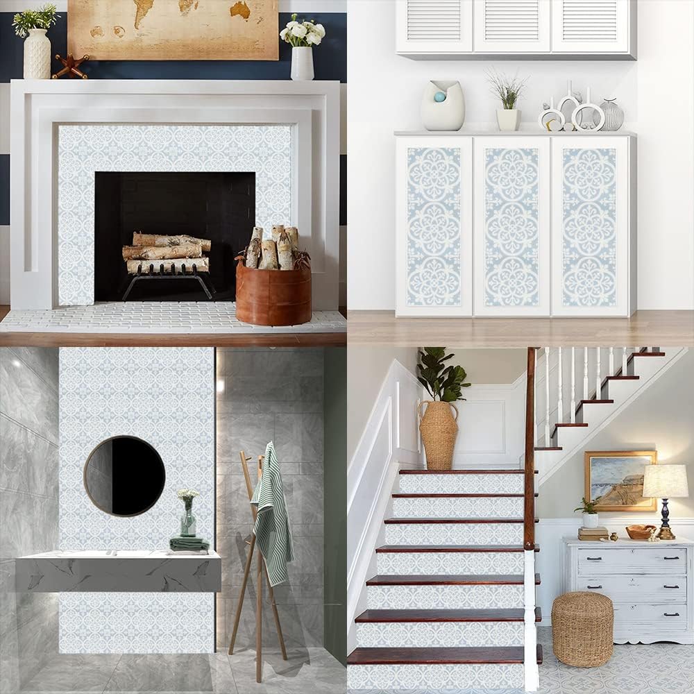 10 calcomanías acrílicas para azulejos azules y blancos, azulejos de 6 x 6 pulgadas, calcomanías de pared para baño y cocina, fácil de aplicar,