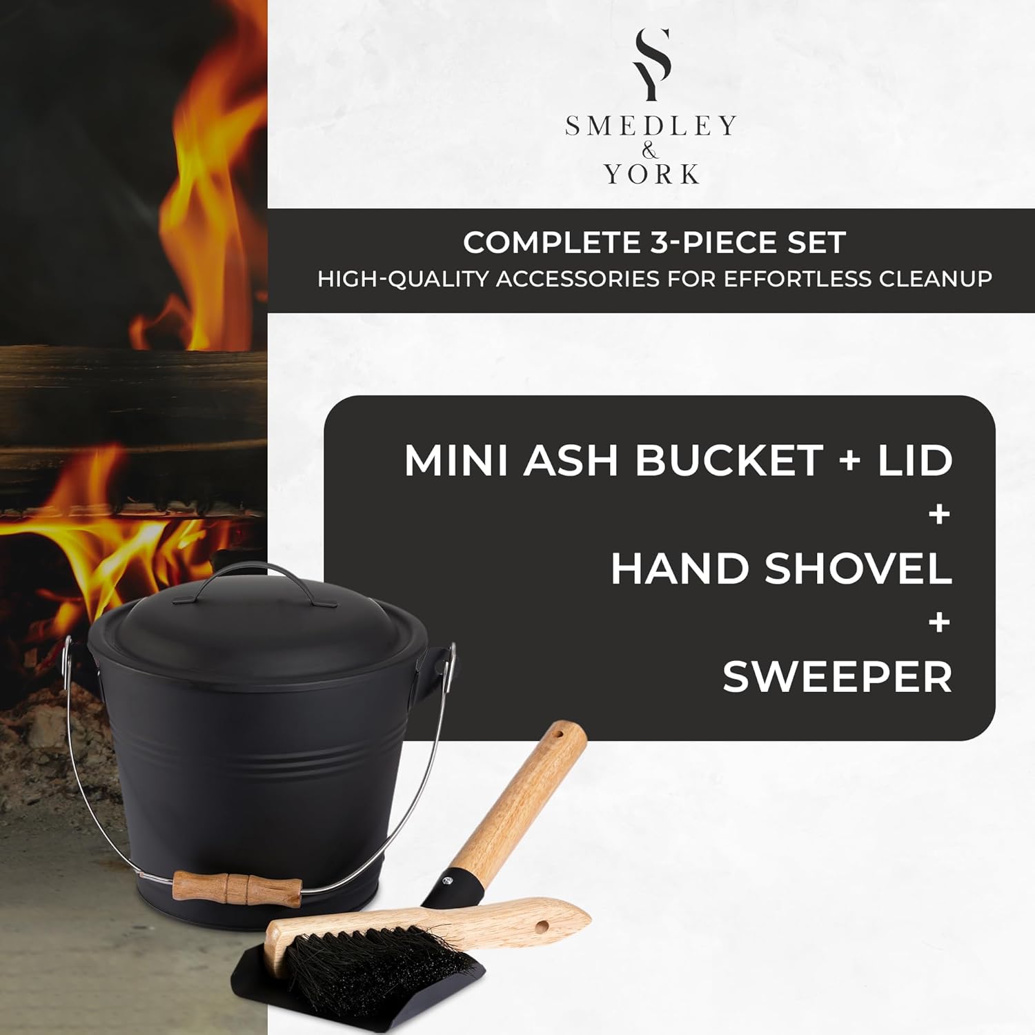 Smedley & York Mini cubo de ceniza con tapa, incluye herramientas para chimenea, cubo, pala y escoba, cubo de metal de carbón de 1.5 galones con