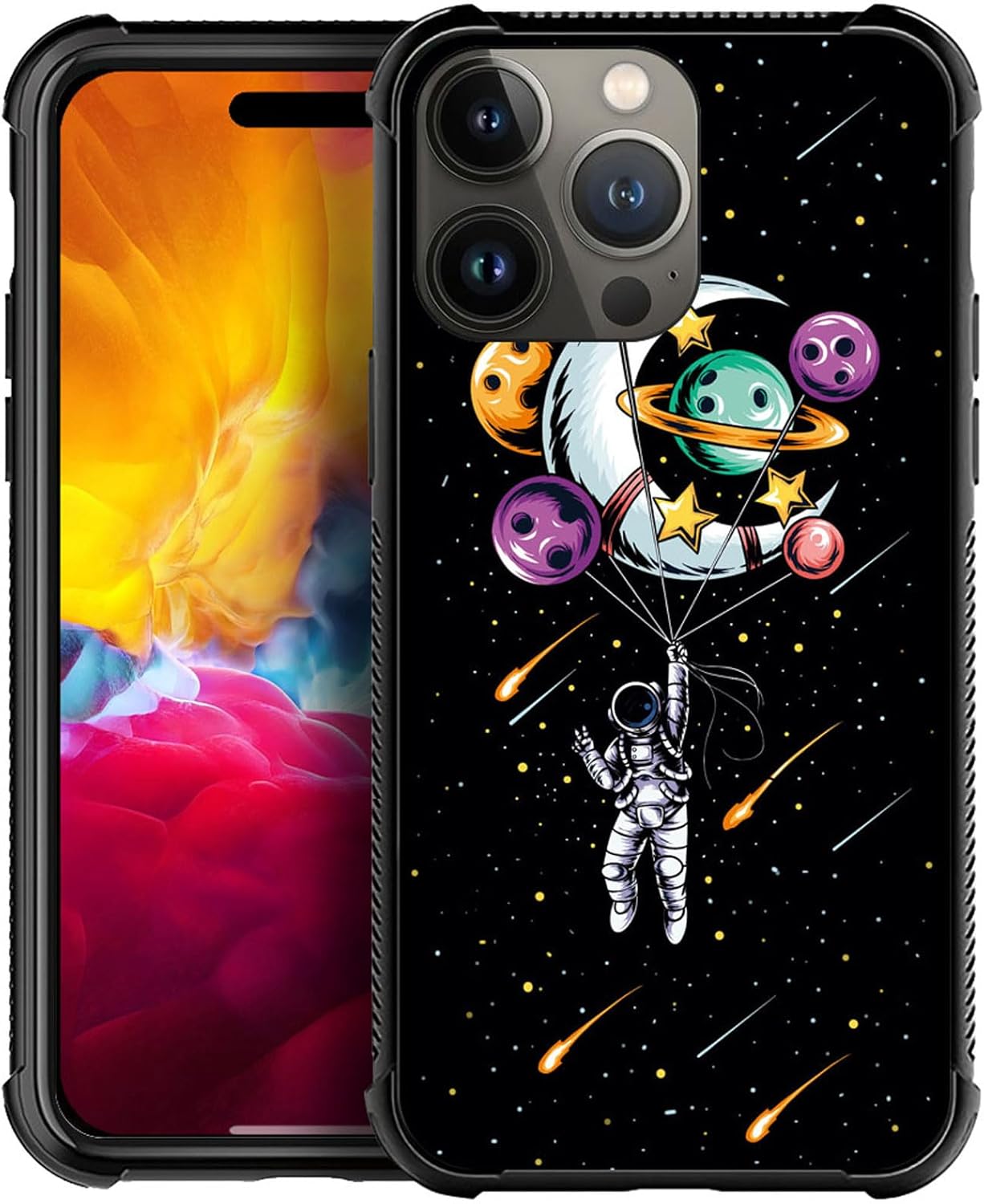 ZHEGAILIAN Funda compatible con iPhone 15 Pro Max, funda de astronauta sosteniendo un planeta de globo, parte trasera de vidrio templado + funda