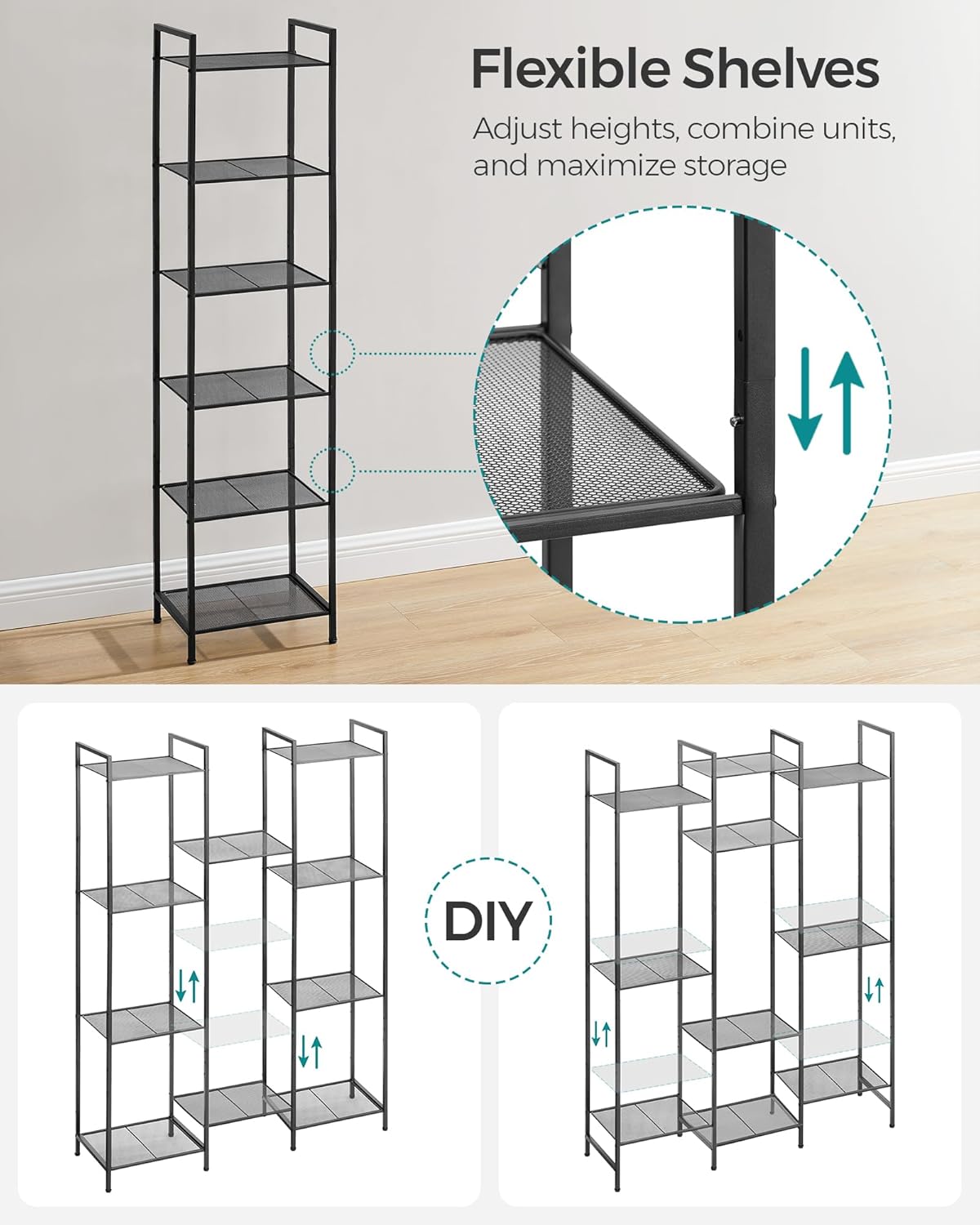 SONGMICS Estante de almacenamiento de 6 niveles, estante de baño, soporte extensible para plantas con estante ajustable, para baño, sala de estar,
