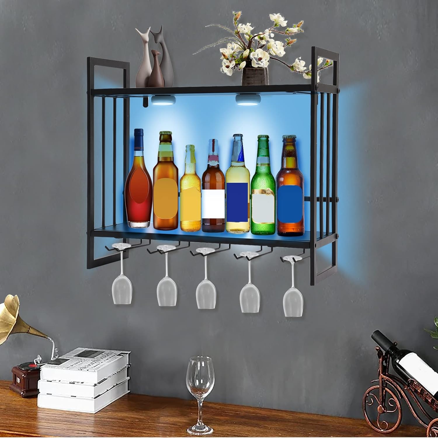 Gdrasuya10 Estante de vino con luz LED montado en la pared, estante de exhibición de botellas de vino, estante de almacenamiento de vino de metal,