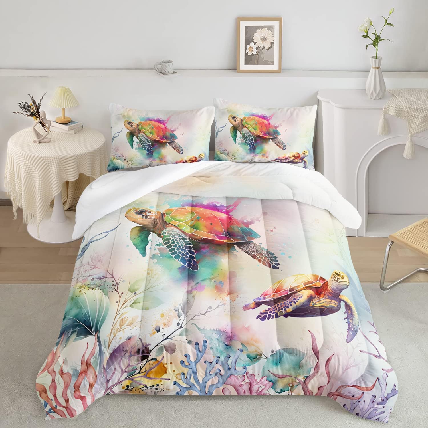 CVHOUSE Juego de edredón de tortuga marina, tamaño individual, juego de ropa de cama de tortuga oceánica para niños, juego de edredón de tortuga