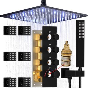 HOMEDEC Sistema de chorros de ducha completo negro, juego de grifo de ducha LED de 16 pulgadas con 6 aerosoles corporales y válvula termostática de HOMEDEC Sistema de chorros de ducha completo negro, juego de grifo de ducha LED de 16 pulgadas con 6 aerosoles corporales y válvula termostática de