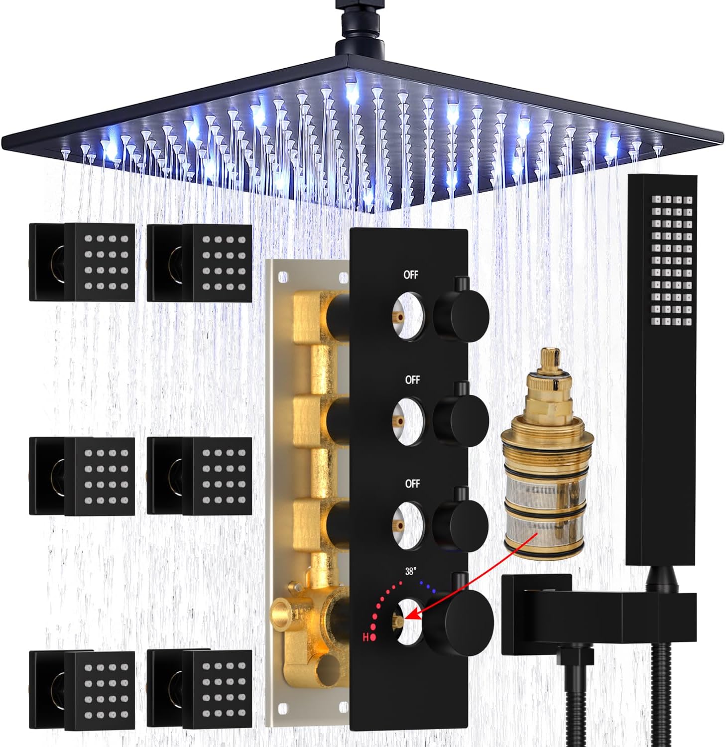 HOMEDEC Sistema de chorros de ducha completo negro, juego de grifo de ducha LED de 16 pulgadas con 6 aerosoles corporales y válvula termostática de