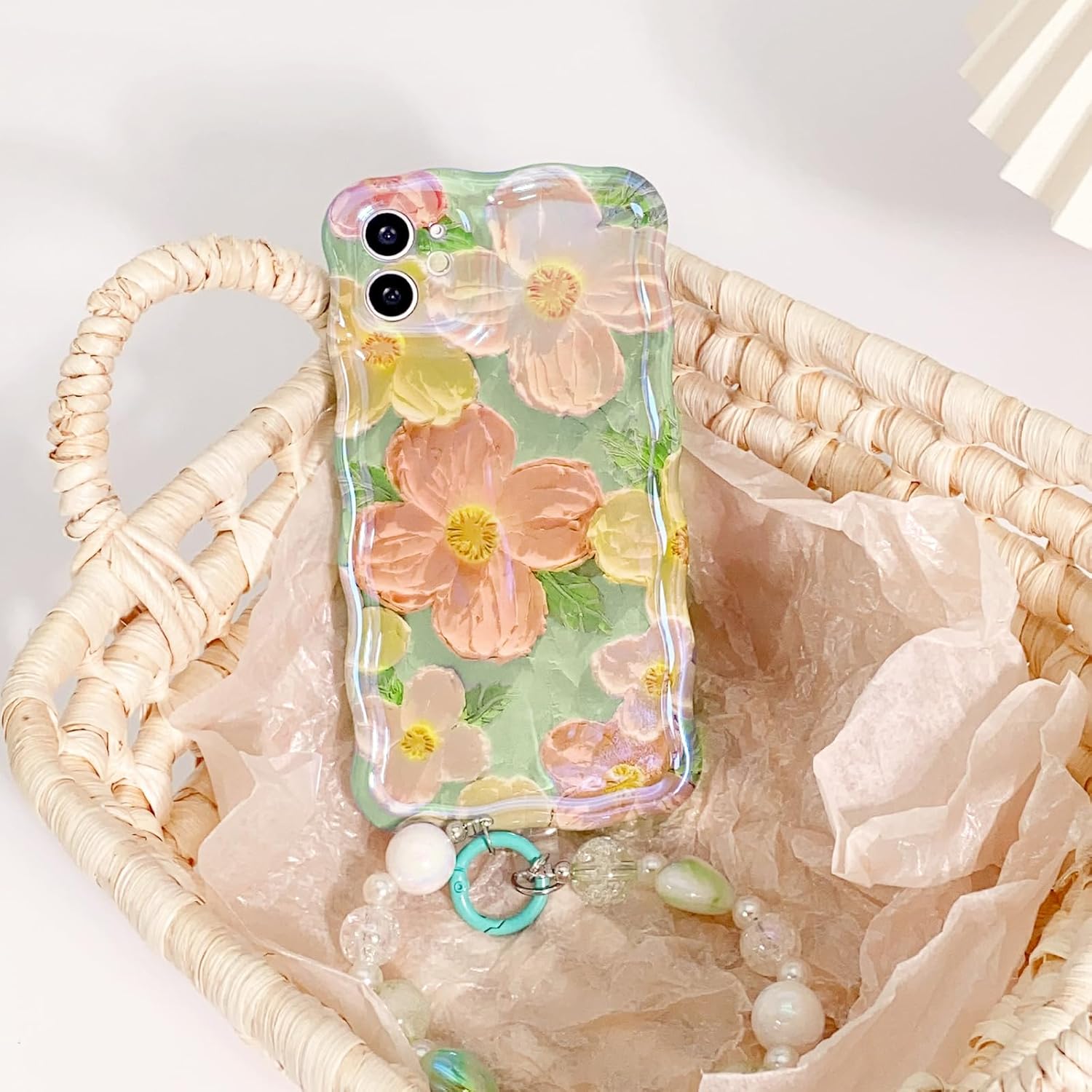 NITITOP Funda compatible con iPhone 11, bonita funda de pulsera floral de flores de aceite con bonita correa de muñeca verde para mujeres y niñas,